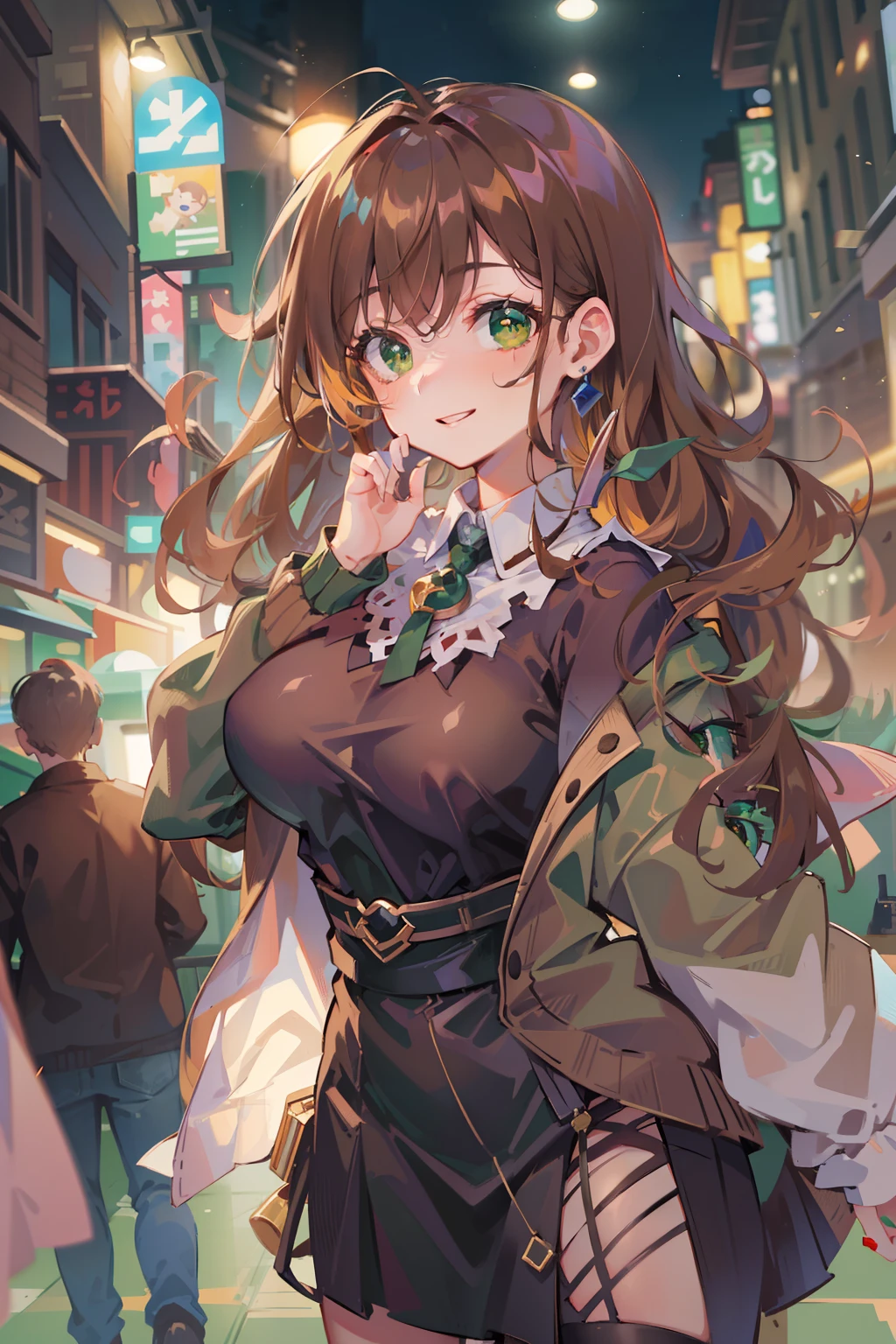 (masterpiece), best quality, ultra high res, sharp focus, ((1 woman, solo)), (warm pastel color), perfect feminine face, full body, long shot, (in the night time:1.2), on the vibrant city, in the crowds, beautiful detailed hair, chesnut brown hair, long hair, ((beautiful shape eyes, green eyes)), beautiful face, smiles, look at the viewer