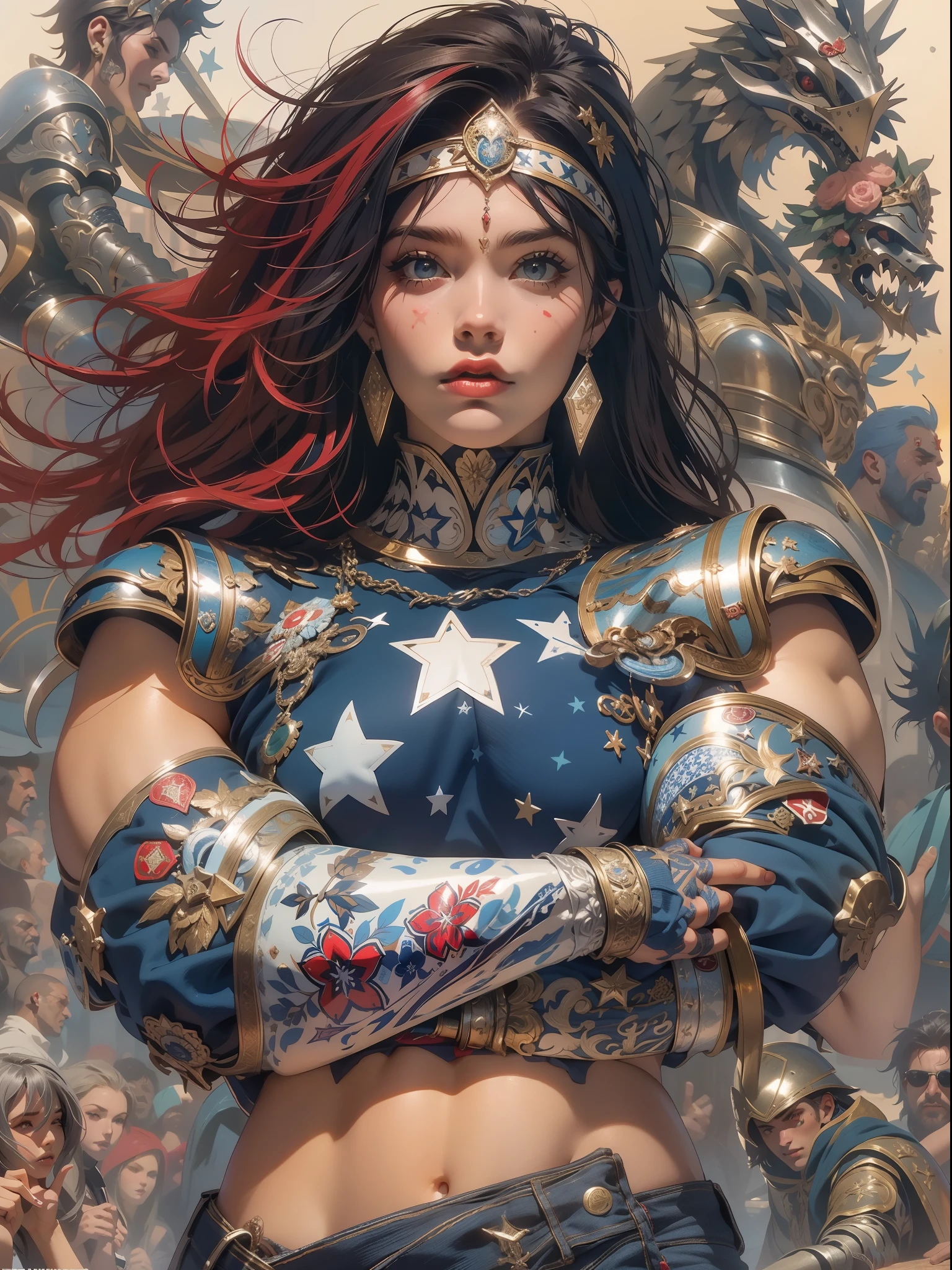 (((mulher))), (((melhor qualidade))), (((obra prima))), (((adulto))), Uma guerreira mulher de 35 anos com corpo perfeito, Gladiadores do Brooklyn, (( sob os peitos )), quase nua no estilo selvagem urbano de Simon Bisley para a capa da revista Heavy Metal, cabelo loiro, Minimum clothing, Dark blue with white stars and red and white checkerboard pattern, armadura, cheio de pontas e rebites, tatuagem tribal, (((do joelho pra cima))), cabelo desalinhado