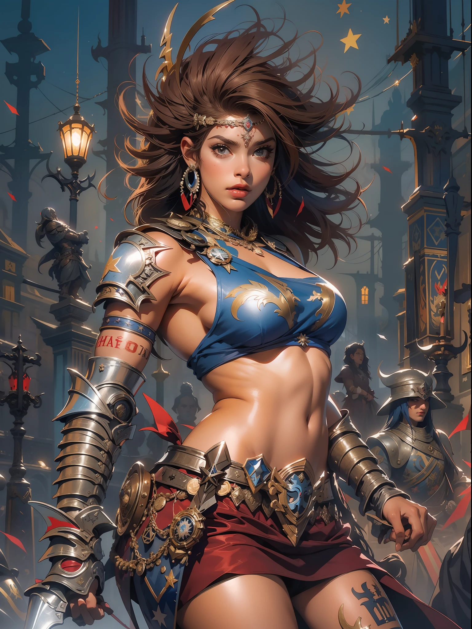 4K, realistic, in great detail, dark night, ((very delicate eyes)) be blind, solemnity, woe, tear, She is standing in the coliseum stadium, she is a gladiator warrior, piercer, super big, big bust, He holds two delicate-looking daggers in both hands..., Two hands holding a dagger in front of me, soft clothes, long hair, wearing a bikini, Wear thin armor from the Middle Ages, 25 years old, whole body