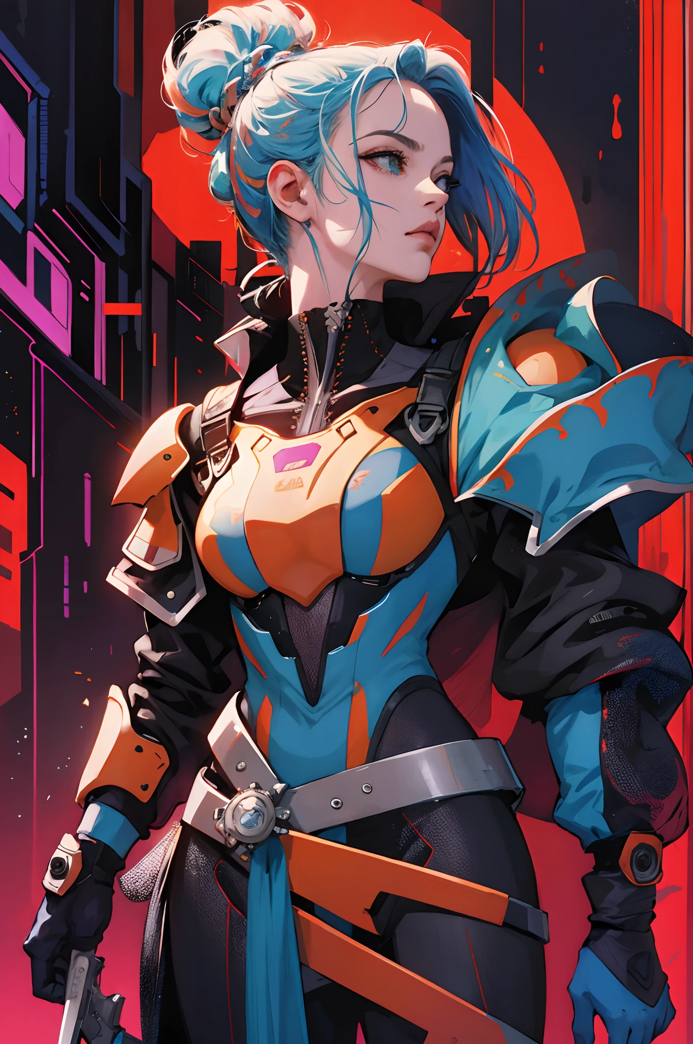 "Princesa bonita, cyberpunk, vestida com armadura, Medium sized sword wielding, cabelo laranja curto" | hiper realista | rosto bem detalhado | cores vivas | dramatic colors | vaporwave | filtro de cores quentes | retrowave | colorido | artódromo| extremamente detalhado | 800000k