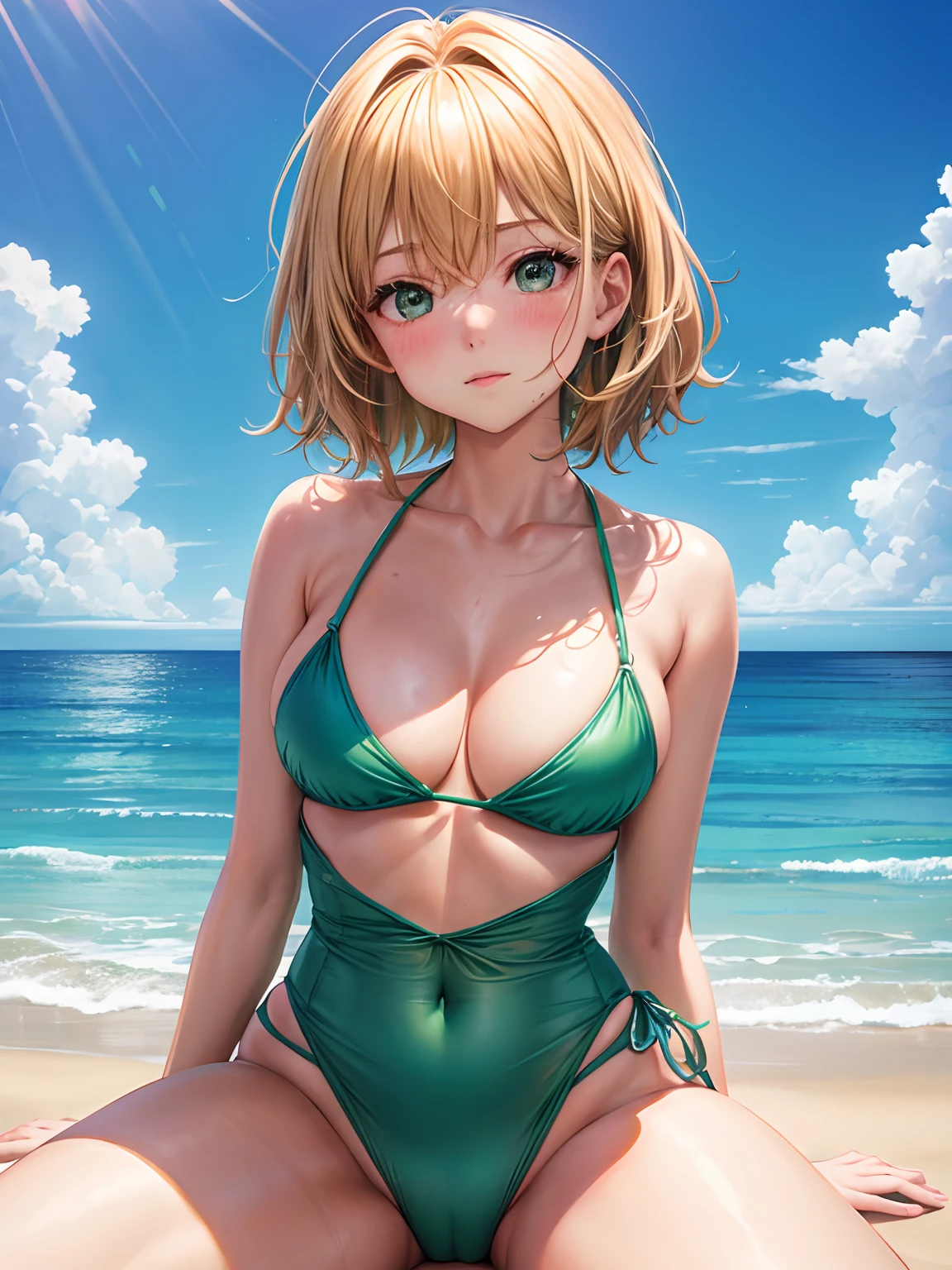 lighting like a movie、top-quality、Shy face、Medium chest、Sitting on the beach、Glowing green bikini、in 8K、(thighs thighs thighs thighs:1.5)、a blond、Upper Body Up、