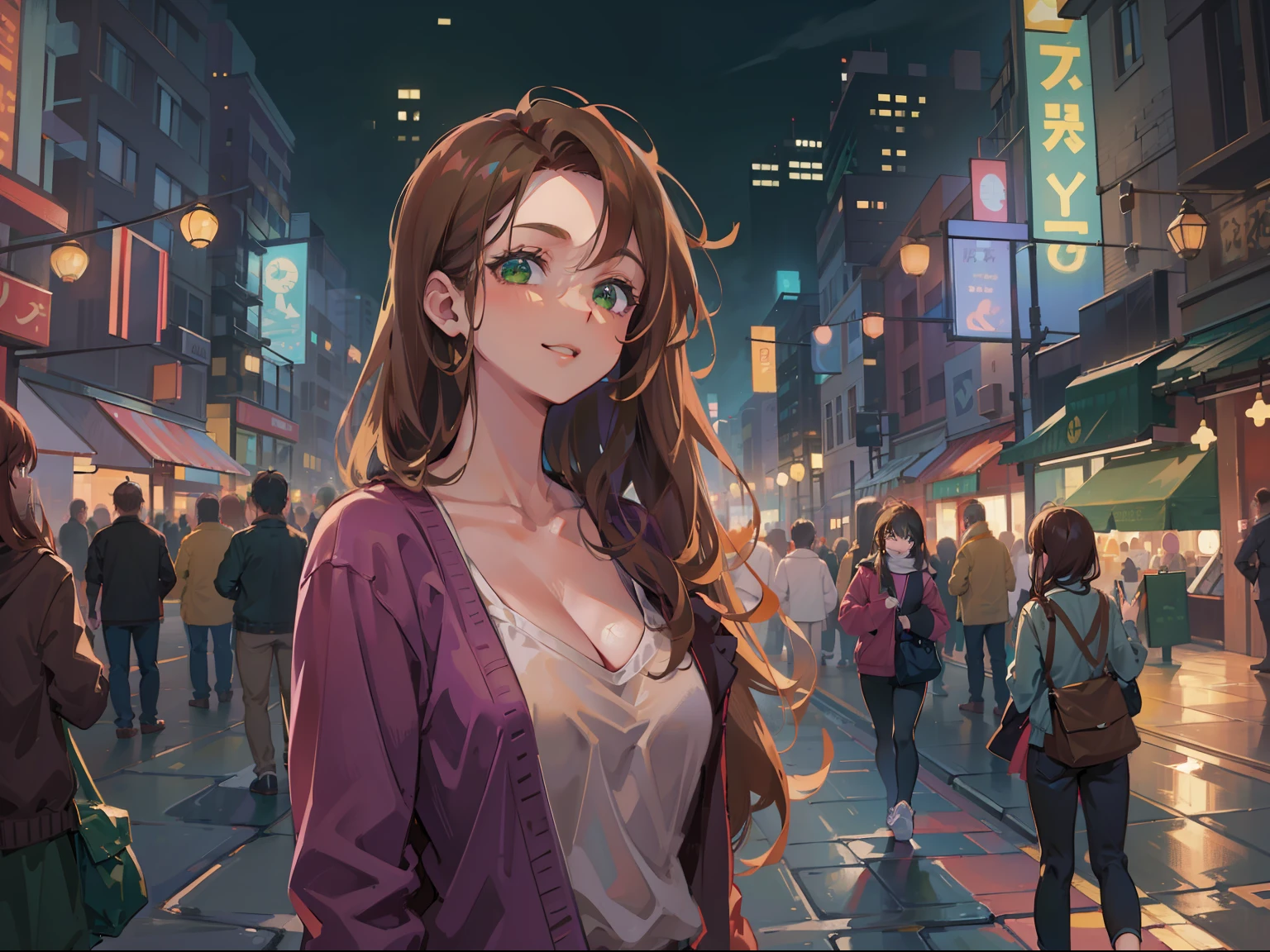 (masterpiece), best quality, ultra high res, sharp focus, ((1 woman, solo)), (warm pastel color), perfect feminine face, full body, long shot, (in the night time:1.2), on the vibrant city, in the crowds, beautiful detailed hair, chesnut brown hair, long hair, ((beautiful shape eyes, green eyes)), beautiful face, smiles, look at the viewer, hourglass body shape, casual comfy clothes