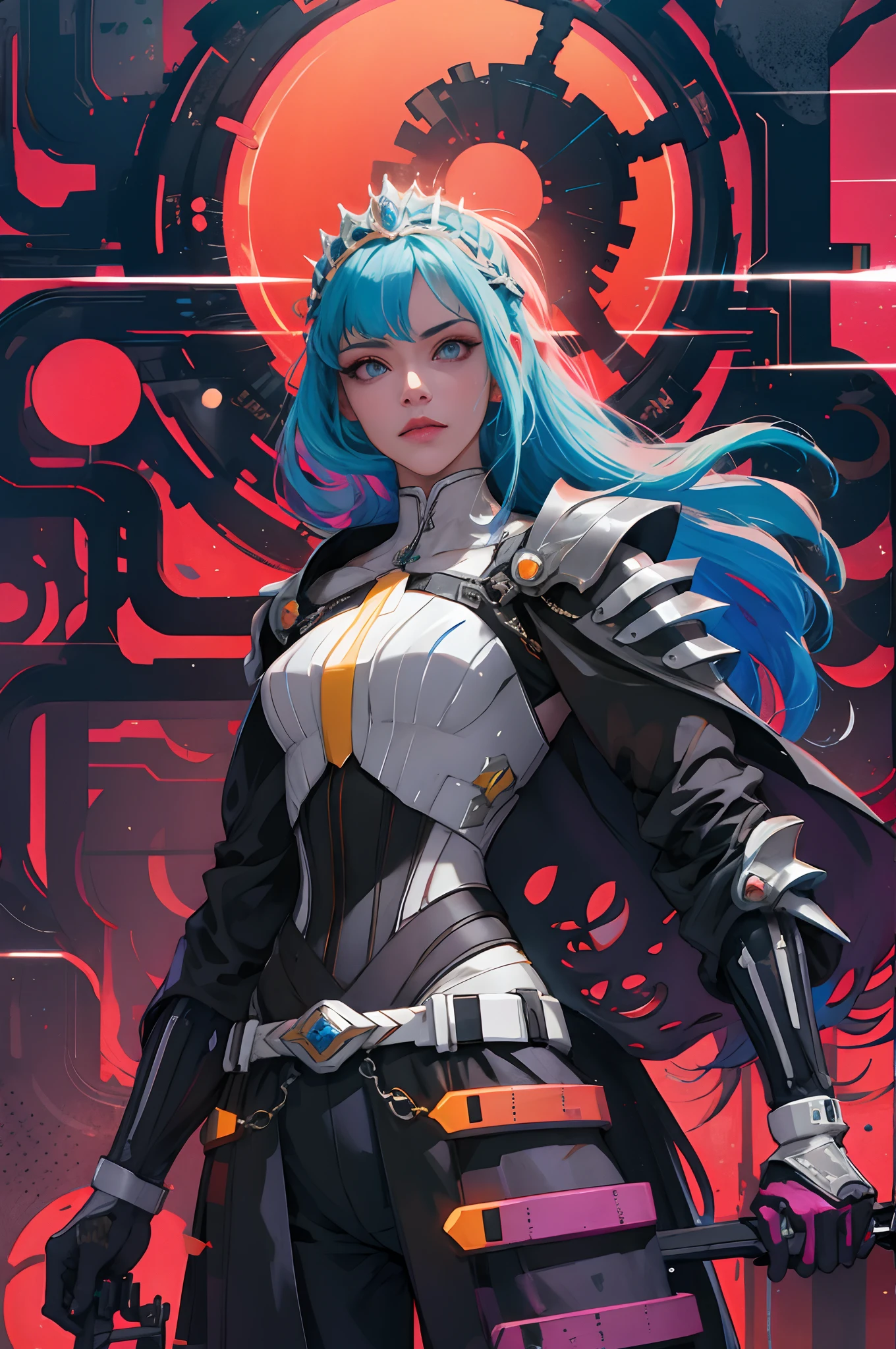 "Princesa bonita, cyberpunk, vestida com armadura, Medium sized sword wielding, cabelo laranja curto" | hiper realista | rosto bem detalhado | cores vivas | dramatic colors | vaporwave | filtro de cores quentes | retrowave | colorido | artódromo| extremamente detalhado | 800000k