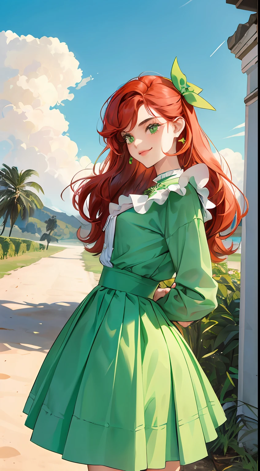 uma jovem, sozinha, of bright red hair that contrasts wonderfully with the scenery. Seu cabelo cai em cachos suaves ao redor do rosto, and she wears a hair band with a fluffy bow in the same shade of green as her clothes. His eyes are an intense shade of green, transmitindo um ar de vivacidade e curiosidade.

Ela veste um conjunto retro que remete a uma moda vintage encantadora. Sua jaqueta verde-musgo, adornada com detalhes dourados, adds an elegant touch to your appearance. The jacket is complemented by a pleated skirt also green, that gives a retro and jovial touch to your look. Uma blusa branca de gola alta completa o conjunto, destacando ainda mais seu cabelo ruivo.

The young woman maintains a confident pose, with arms crossed behind his back, without showing your hands. This posture adds an air of mystery and authenticity to his presence. His expression is marked by a discreet smile, mostrando uma atitude positiva e encantadora.

The scenario remains the same, with blue sky and soft clouds, criando um contraste interessante com suas roupas verdes. Os detalhes retro do seu traje combinam harmoniosamente com sua personalidade vibrante, and their presence further enriches the environment, transporting observers to a time of classical elegance and timeless charm.