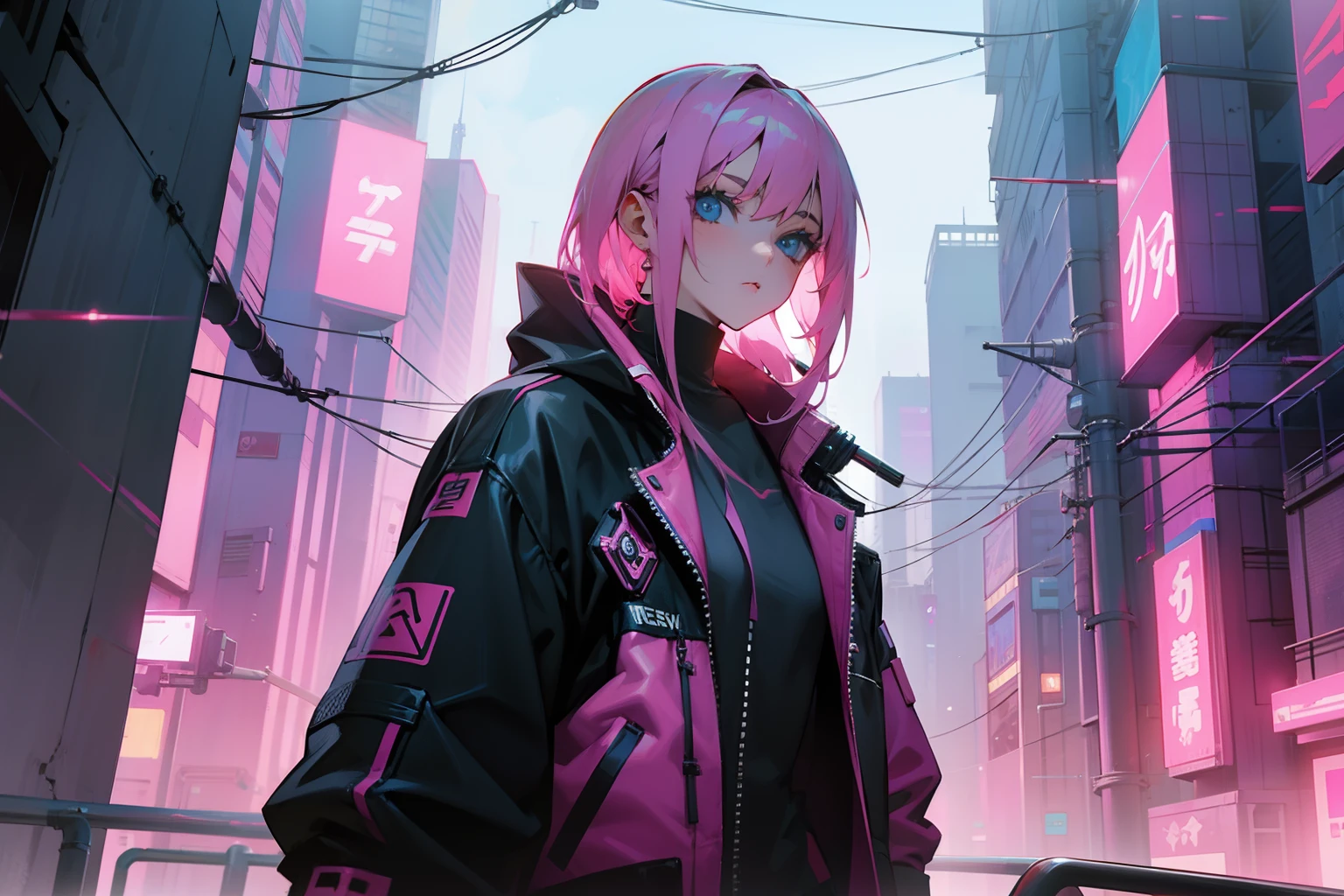 Cyberpunk street, pink, anime style