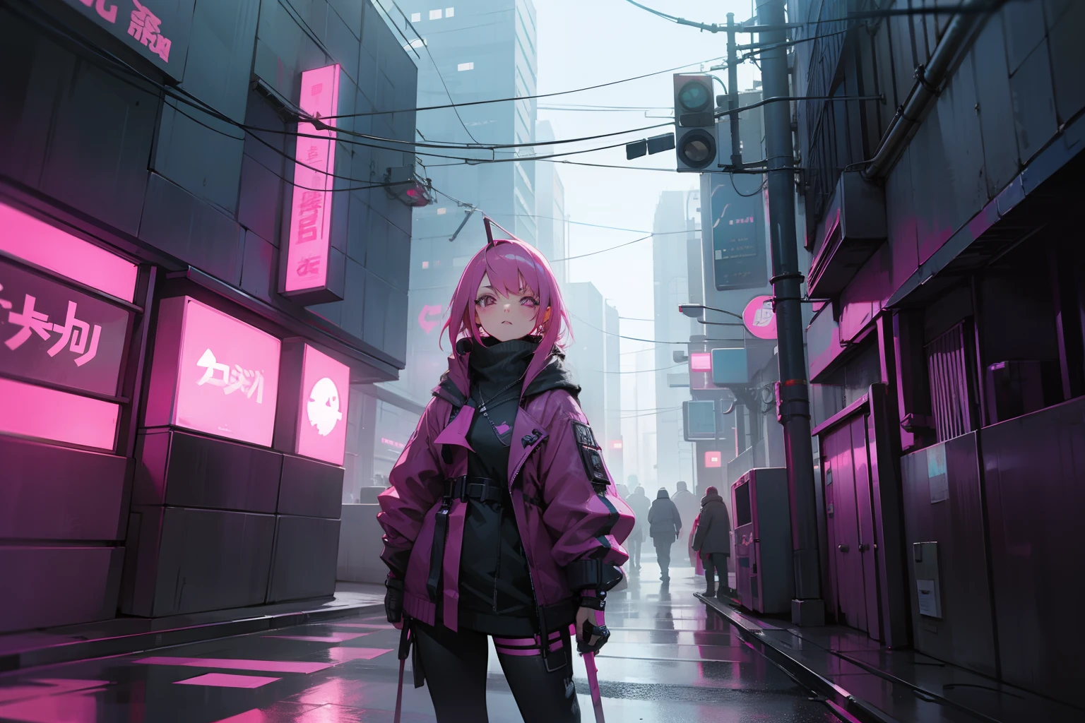 Cyberpunk street, pink, anime style
