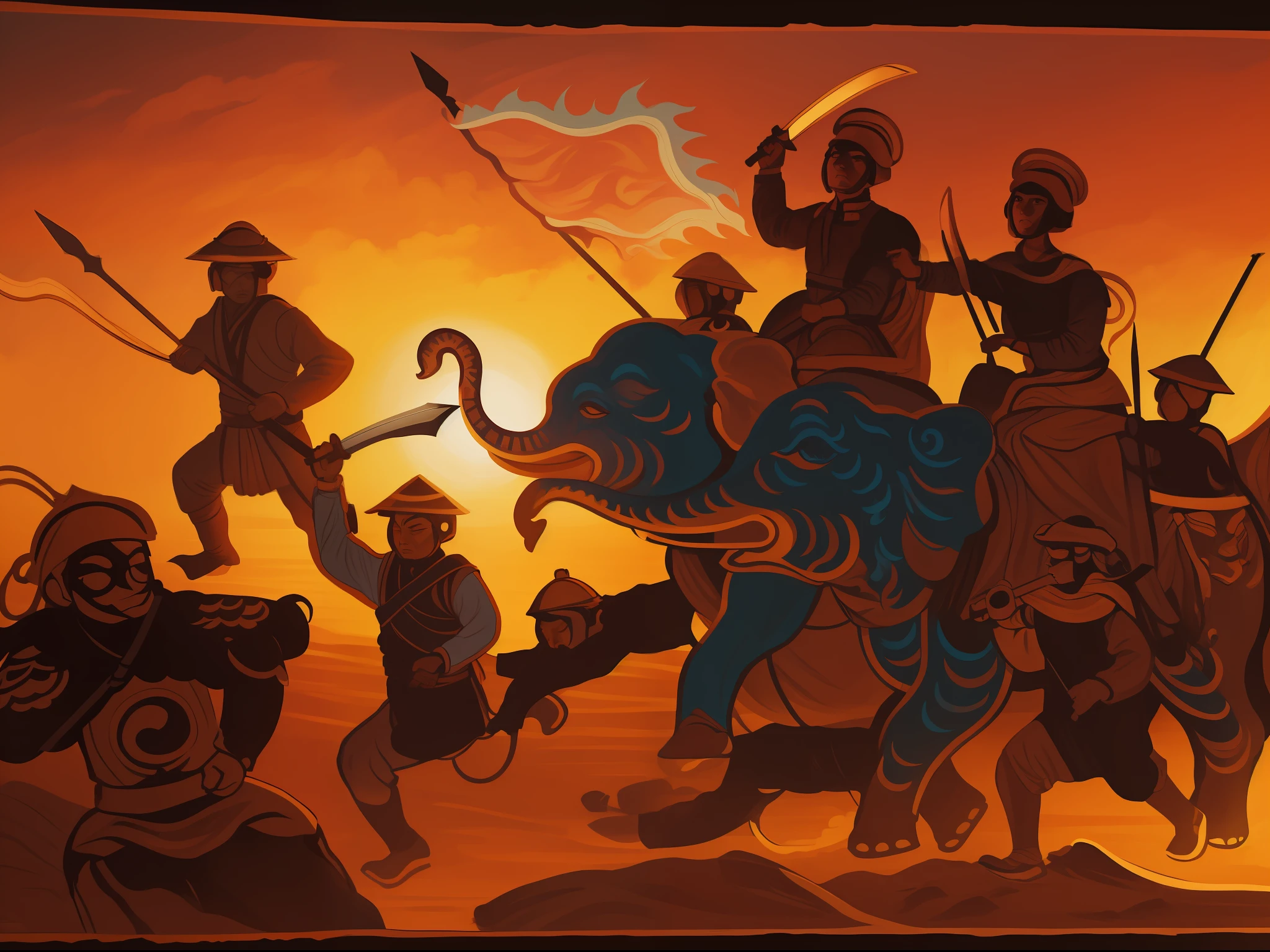 A painting depicting the heroic battle of two women, each riding on an elephant, each raising sword, against the Eastern Han Chinese army. Use vibrant and lively colors to convey their resolute spirit and courage, alongside the Vietnamese infantry, in the heat of the battle. Craft a dynamic image of the battlefield, employing the interplay of light and shadows to evoke a sense of both heroism and desperation in the scene.