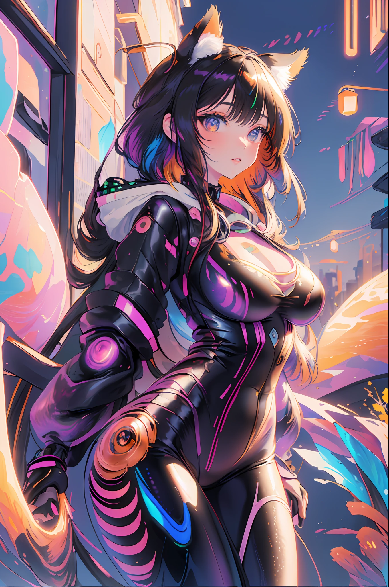 masterpiece:1.2, best quality), realistic, (real picture, intricate details, depth of field), (1girl, solo), make up, parted lips, highly-detailed, perfect face,
(huge breasts:1.4), (skindentation), thick thighs, wide hips, small waist, tall, glossy coral lips,
girl with black hair and a cat hat, anime style illustration, moe artstyle, wallpaper 8 k, digital illustration, beautiful catgirl, she wears a hoodie with animal ears and technowear technology, futuristic fashion in black and holographic colors, many details and buttons on it, cables coming out of the sleeves, the background is that of a simple pattern with cat motifs and paws, purple and black, black cat eyes, holographic, holo details