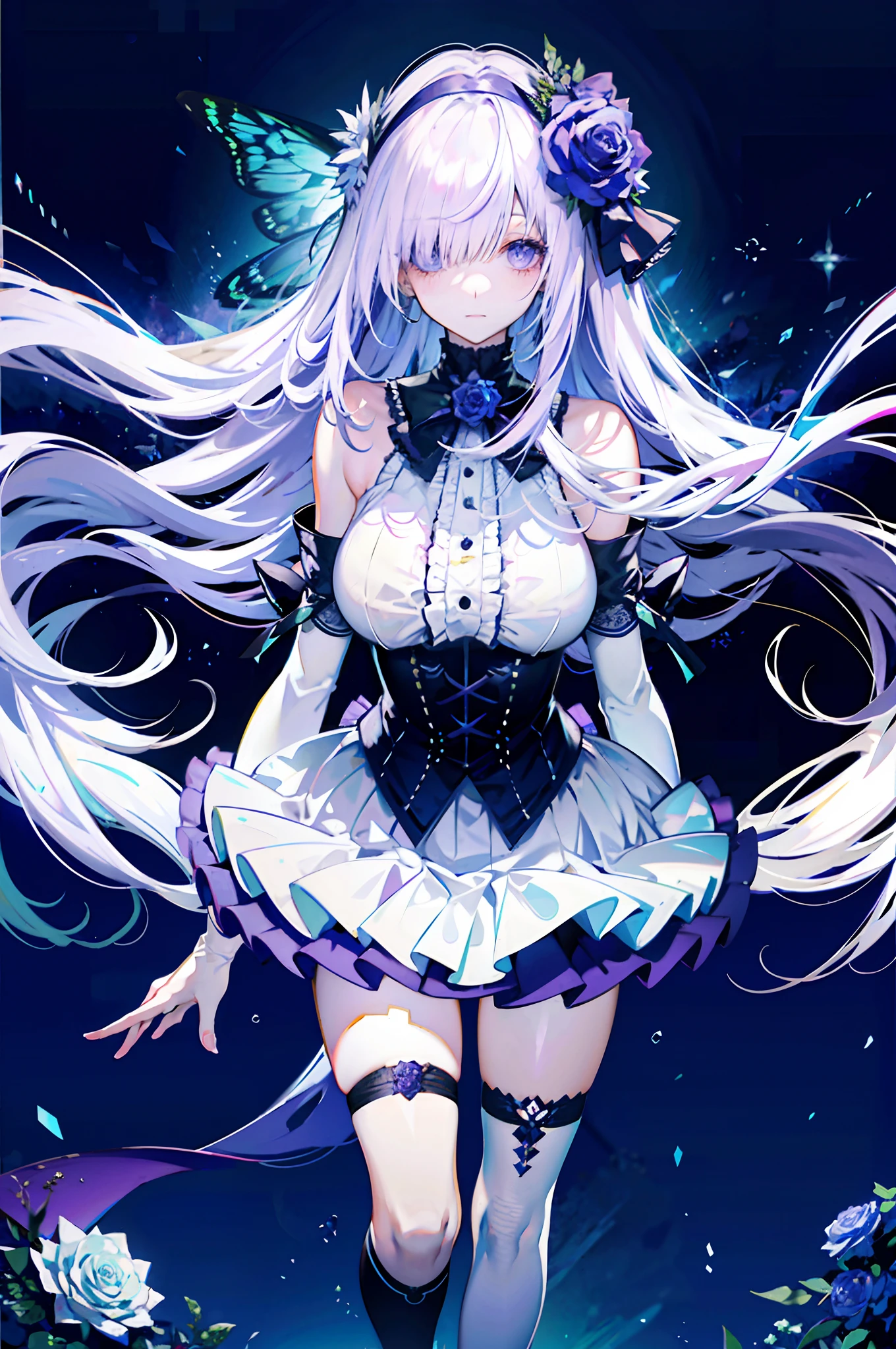 silber hair,butterflys,long whitr hair,8k wallpaper,detailedbackground,Highest high resolution,deep v big breasts,Hair covers one eye,Bandeau,chies,Purple roses,tight-fitting,High socks,stocklings