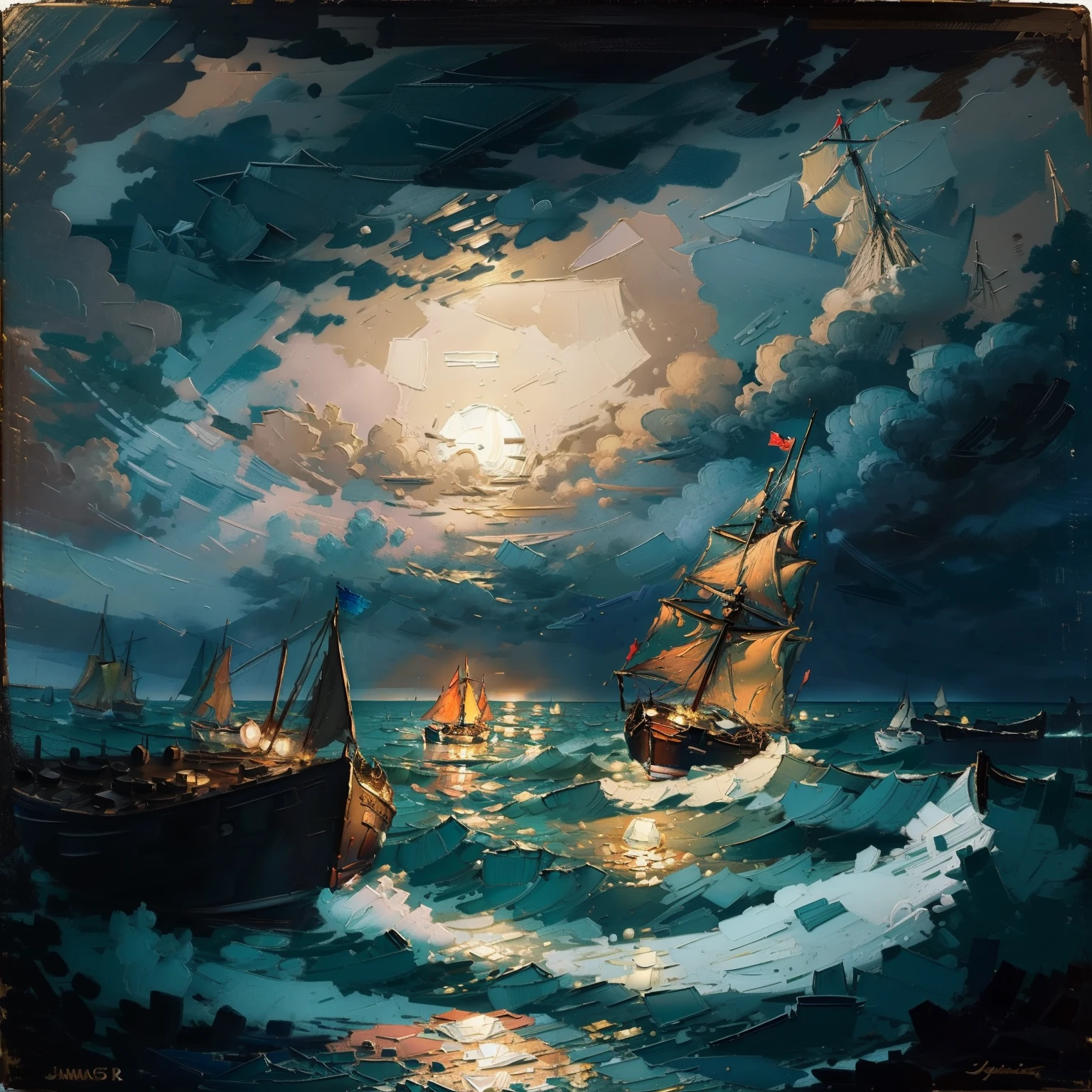 A small yacht is sailing on a stormy sea at night. The scene is illuminated by the moonlight. The light reflects off the roiling sea. Oil painting. Jmw Turner.