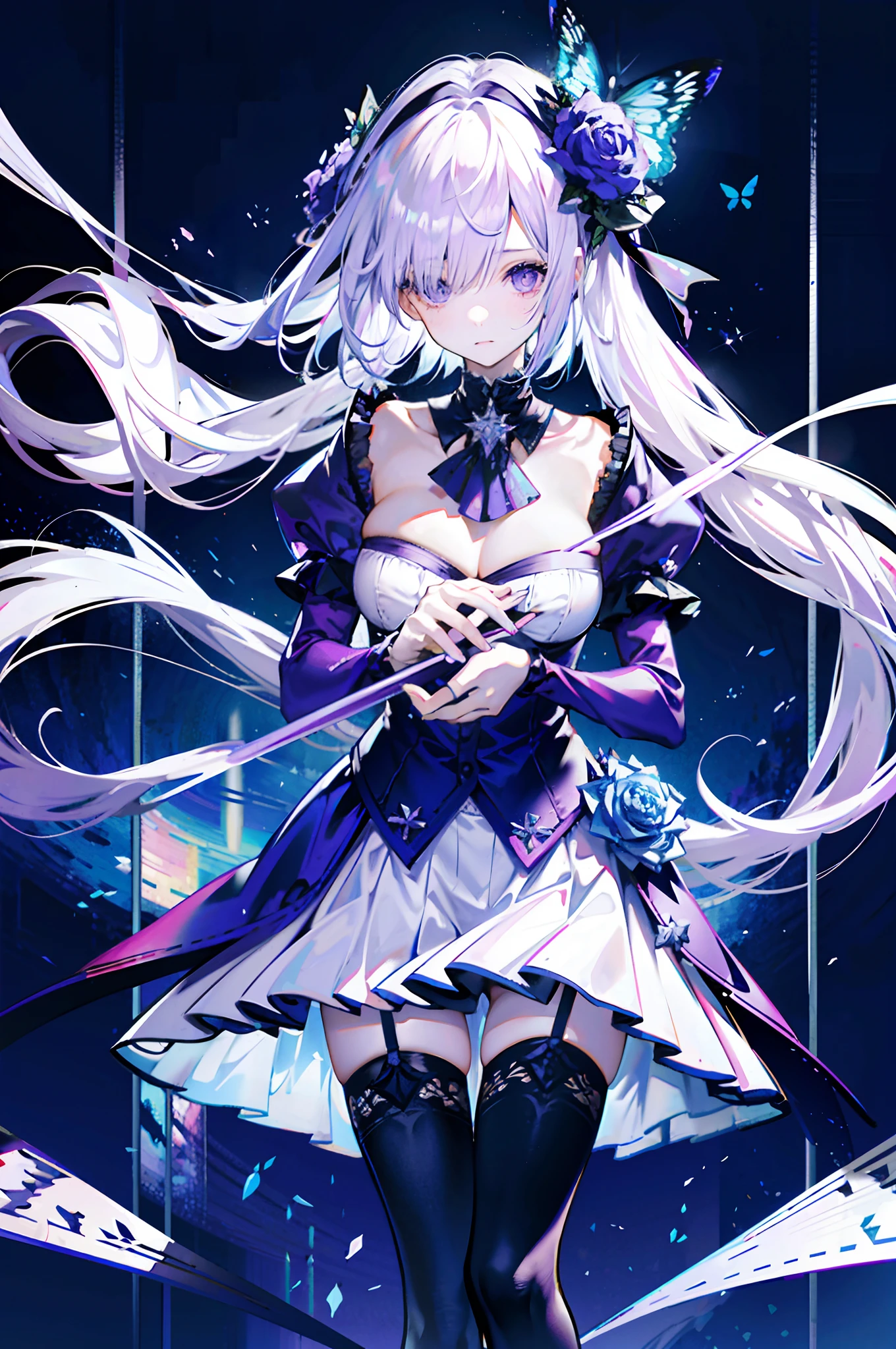 silber hair,butterflys,long whitr hair,8k wallpaper,detailedbackground,Highest high resolution,deep v big breasts,Hair covers one eye,Bandeau,chies,Purple roses,tight-fitting,High socks,stocklings