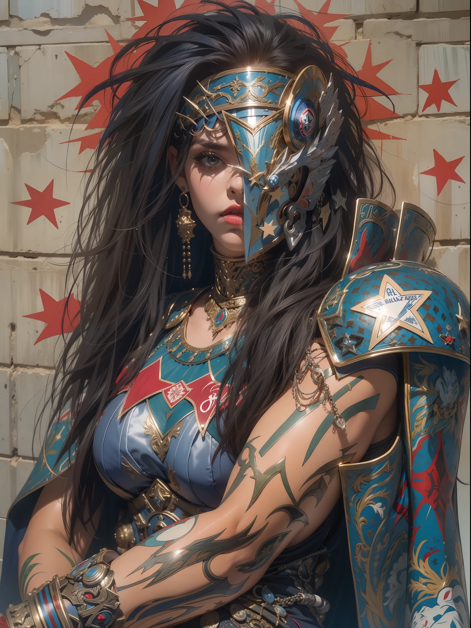 (((mulher))), (((melhor qualidade))), (((obra prima))), (((adulto))), Uma guerreira mulher de 35 anos com corpo perfeito, Gladiadores do Brooklyn, (( sob os peitos )), quase nua no estilo selvagem urbano de Simon Bisley para a capa da revista Heavy Metal, cabelo loiro, Minimum clothing, Dark blue with white stars and red and white checkerboard pattern, armadura, cheio de pontas e rebites, tatuagem tribal, (((do joelho pra cima))), cabelo desalinhado