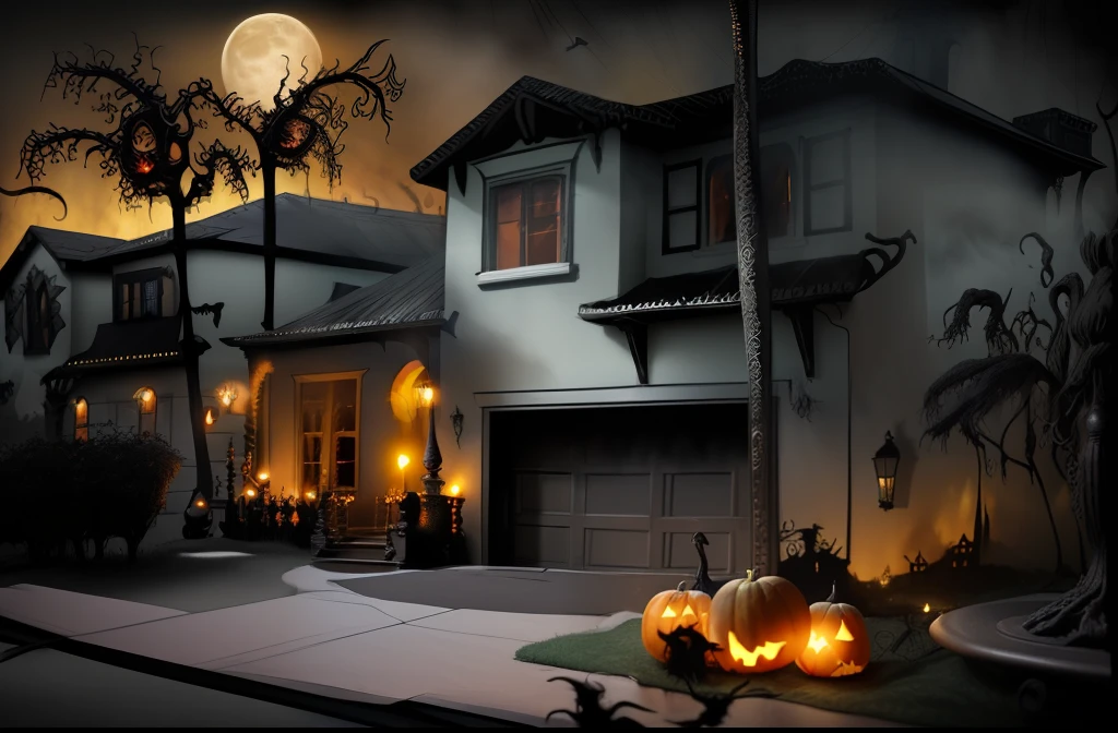a haunted mansion, designed by tim burton, in the style of beetlejuice, late evening, golden hour, burning torches, halloween decorations, creepy lights from the windows, spider webs, cobwebs, full moon, fog, mist, hze, dslr, 4k, film grain, fujifilm, specular light, vignette