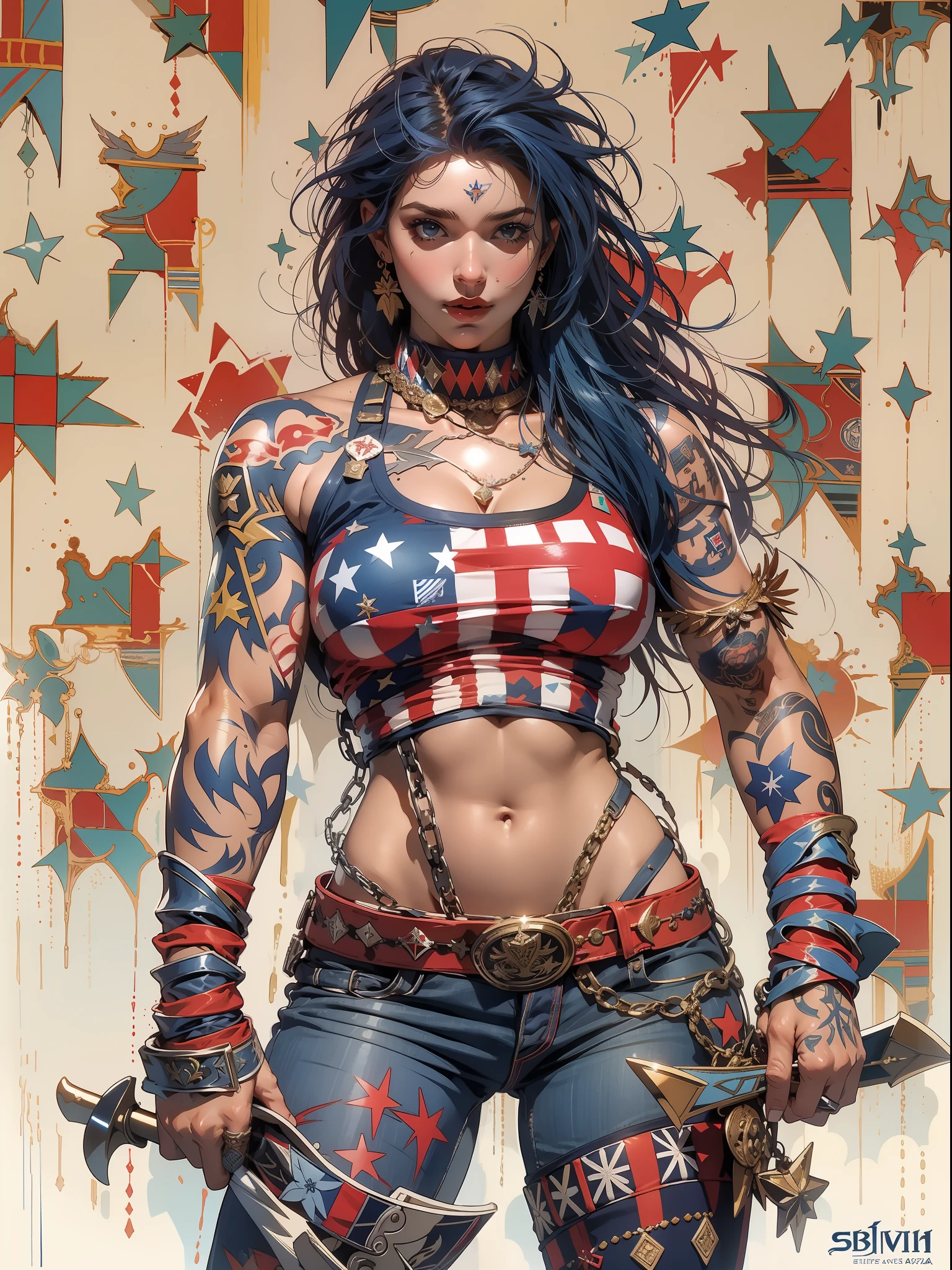 (((mulher))), (((melhor qualidade))), (((obra prima))), (((adulto))), Uma guerreira mulher de 35 anos com corpo perfeito, Gladiadores do Brooklyn, (( sob os peitos )), quase nua no estilo selvagem urbano de Simon Bisley para a capa da revista Heavy Metal, cabelo loiro, Minimum clothing, Dark blue with white stars and red and white checkerboard pattern, armadura, cheio de pontas e rebites, tatuagem tribal, (((do joelho pra cima))), cabelo desalinhado