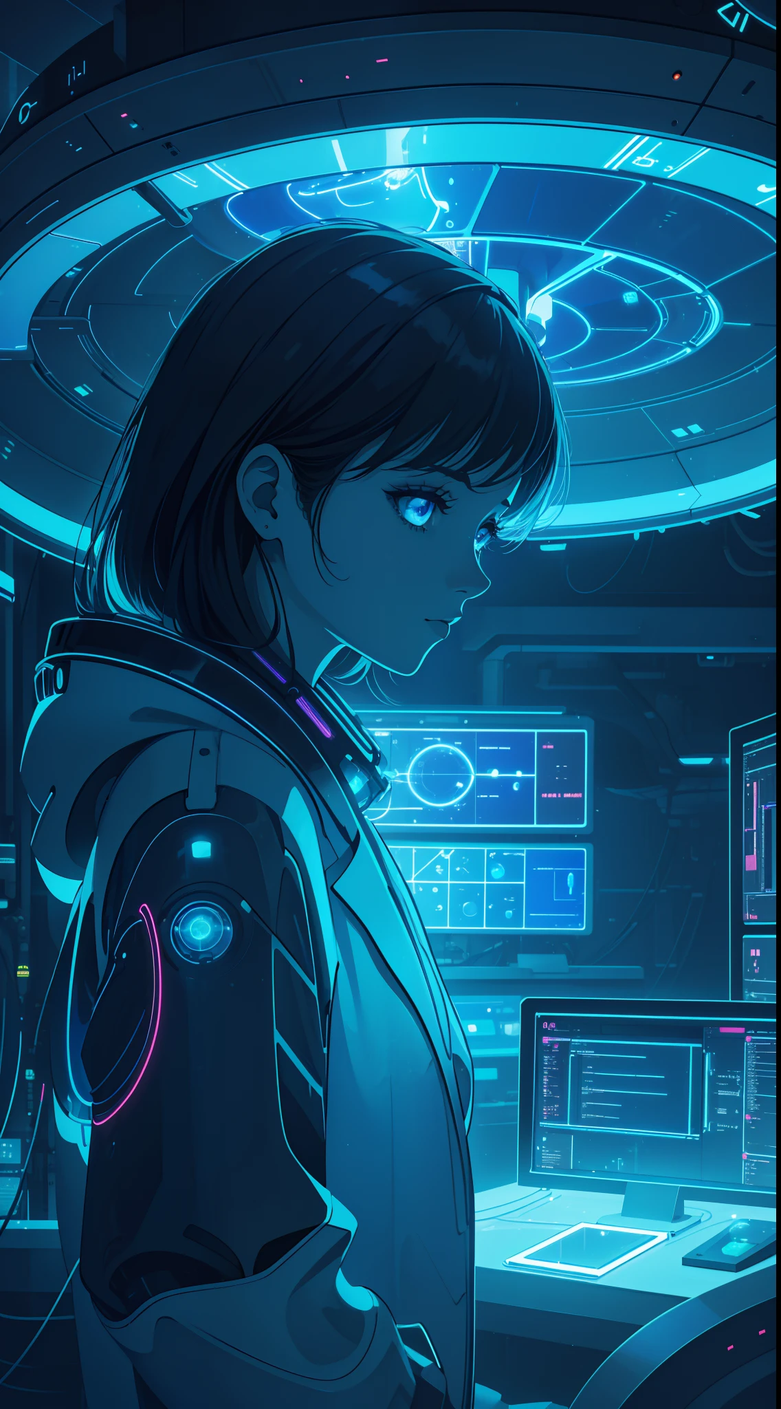 (obra-prima) 1girl, solo. She's a brilliant scientist. She's in a futuristic lab, surrounded by technological equipment and holographic screens. Your face is illuminated by the neon blue light, as she works on a revolutionary discovery. The artistic medium is digital painting, focusing on capturing the futuristic atmosphere and the scientific environment.