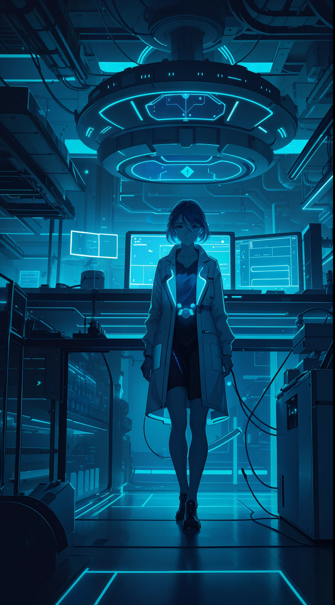 (obra-prima) 1girl, solo. She's a brilliant scientist. She's in a futuristic lab, surrounded by technological equipment and holographic screens. Your face is illuminated by the neon blue light, as she works on a revolutionary discovery. The artistic medium is digital painting, focusing on capturing the futuristic atmosphere and the scientific environment.