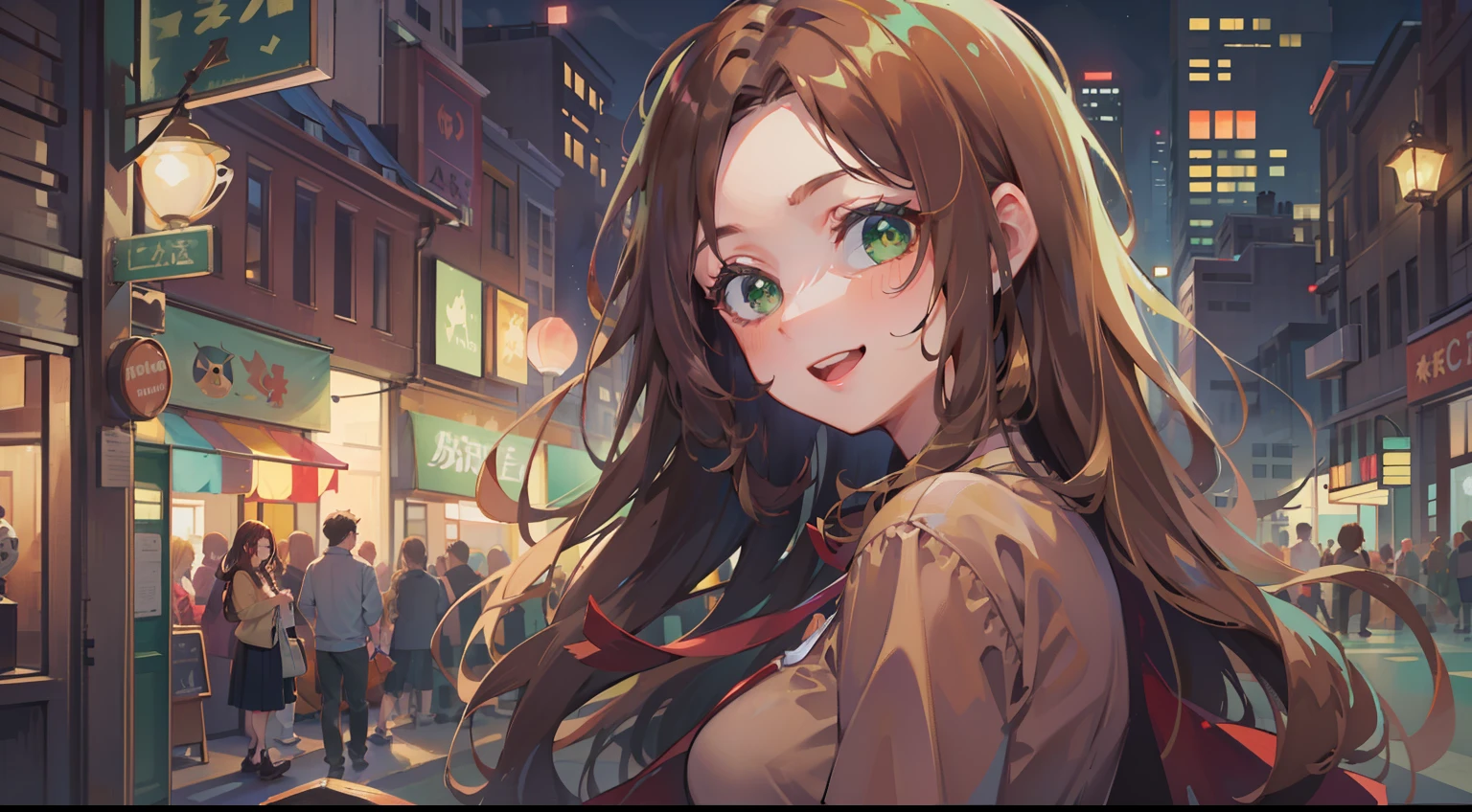 (masterpiece), best quality, ultra high res, sharp focus, ((1 woman, solo)), (warm pastel color), perfect feminine face, full body, long shot, (in the night time:1.2), on the vibrant city, in the crowds, beautiful detailed hair, chesnut brown hair, long hair, ((beautiful shape eyes, green eyes)), beautiful face, smiles, look at the viewer, hourglass body shape, casual comfy clothes