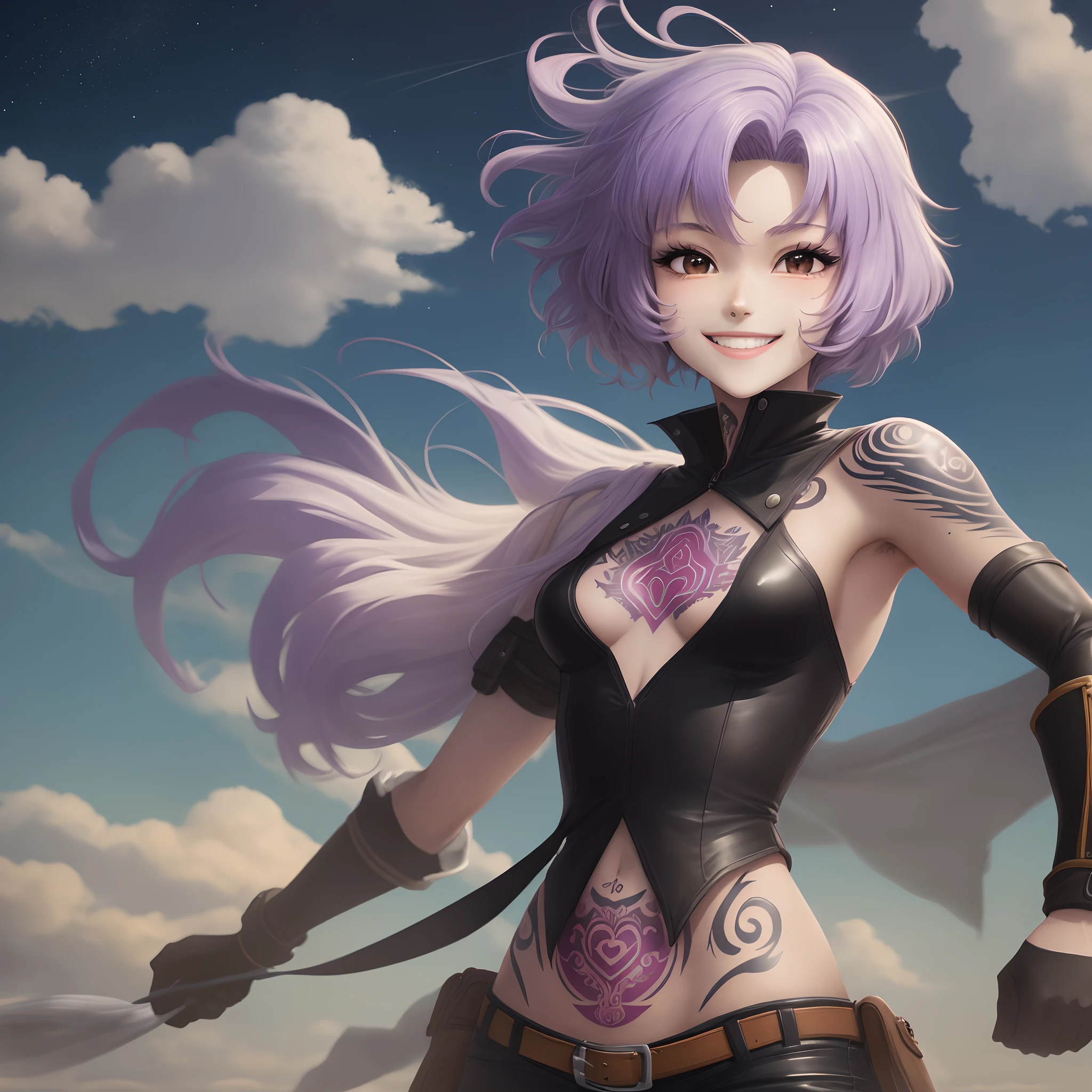 Garota de anime com cabelos curtos e roxo forte. Tem certa de 1,64 metros de altura. He has a tattoo on his right arm and has a smile on his face expressing happiness.