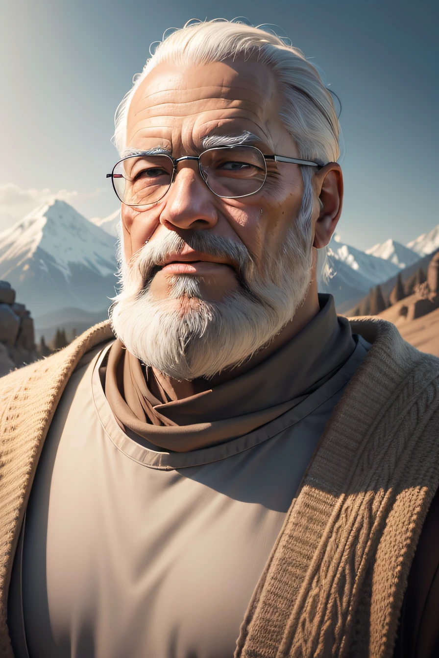 Ultra-realistic capture, Highly detailed, High resolution 16k close-up of human skin. Skin texture must be natural, With such detail that pores can be finely identified. Skin should look healthy, In a uniform tone. Use natural light and color, old man with long white beard, old man with gray hair, old man with little hair, Japanese, dressed like an ascetic monk, realistic, background is mountain top