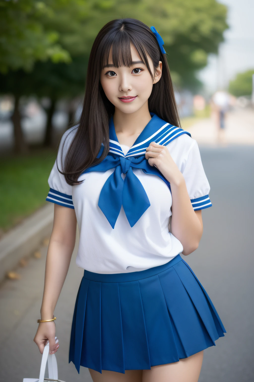 Close up of woman posing for photo,  japanese model model, **-****-*** female model,  4K、bangss、A dark-haired、bobhair、Middle hair、Straight hair、(white  shirt, Sailor School Uniform, Dark blue pleated skirt:1.2),　(Super cute face in idol style:1.2)、school classrooms、slim and beautiful figure、beutiful breast、A smile、full bodyesbian、The background is an empty park、Beautiful legs、sexy  pose、white sock、White sneakers、