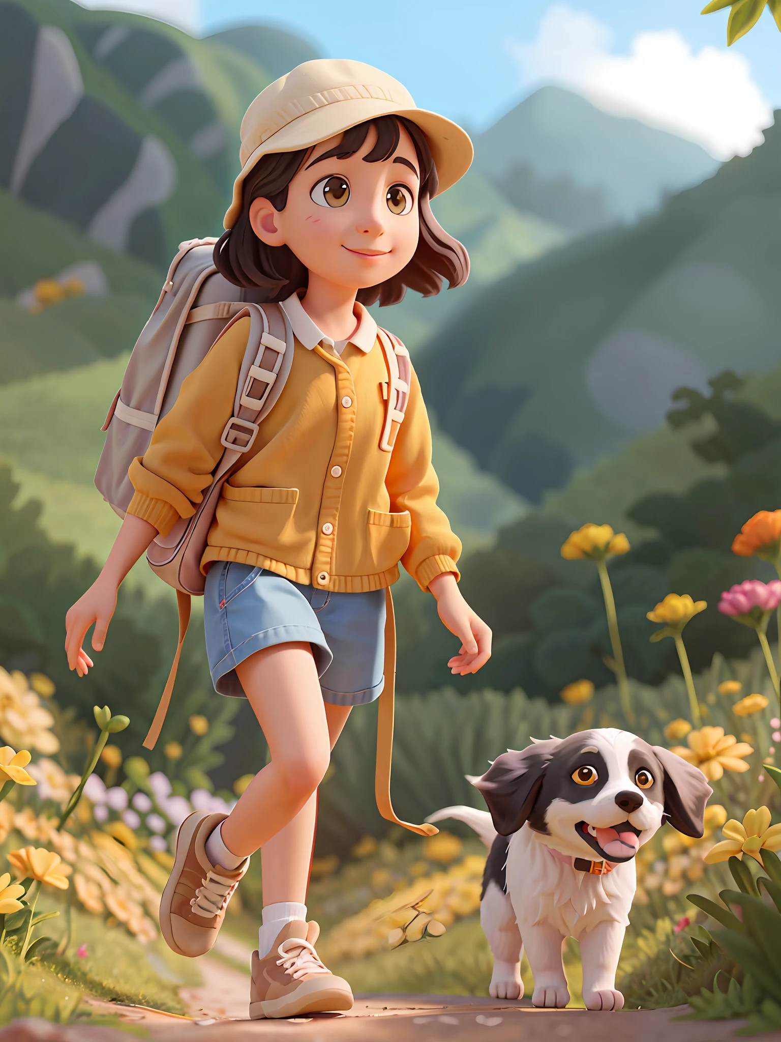 Uma garotinha muito charmosa com uma mochila e seu lindo filhote border collie preto desfrutando de um lindo passeio de primavera cercado por belas flores amarelas e natureza. The illustration is a high definition illustration in 4K resolution with highly detailed facial features and cartoon style visuals.
