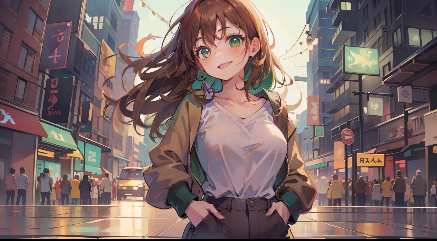 (masterpiece), best quality, ultra high res, sharp focus, ((1 woman, solo)), (warm pastel color), perfect feminine face, full body, long shot, (in the night time:1.2), on the vibrant city, in the crowds, beautiful detailed hair, chesnut brown hair, long hair, ((beautiful shape eyes, green eyes)), beautiful face, smiles, look at the viewer, hourglass body shape, casual comfy clothes, model pose