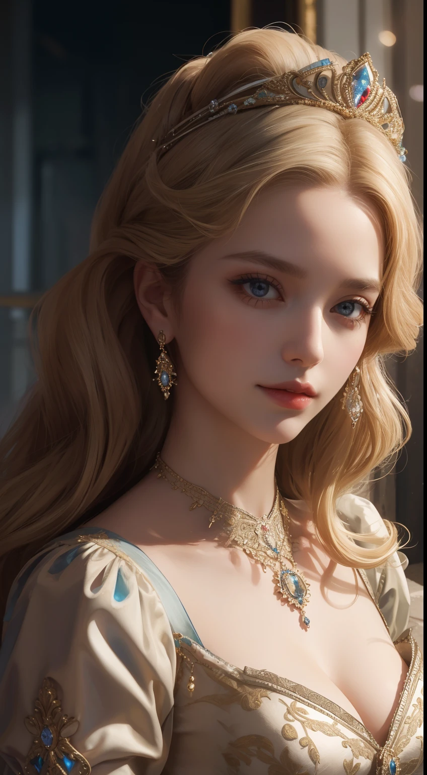 tmasterpiece,Highest image quality,Beautiful bust of a royal lady,Delicate blonde hairstyle,Embellished with a dazzling array of intricate jewelry,super detailing,upscaled。