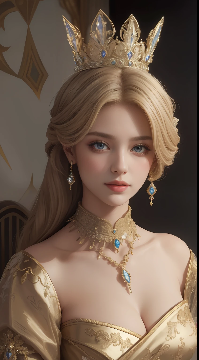 tmasterpiece,Highest image quality,Beautiful bust of a royal lady,Delicate blonde hairstyle,Embellished with a dazzling array of intricate jewelry,super detailing,upscaled。