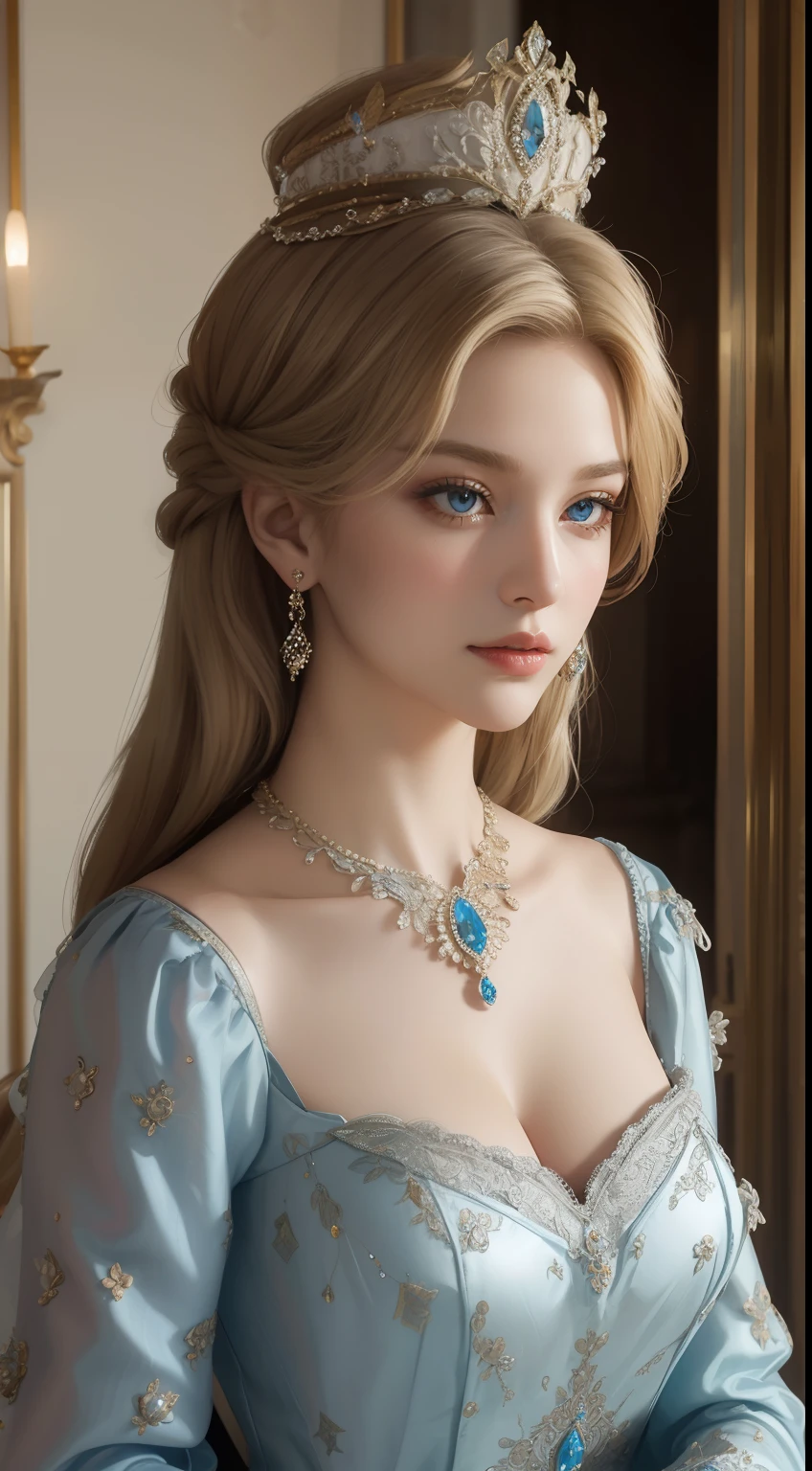 tmasterpiece，Highest image quality，Beautiful bust of a royal lady，Delicate blonde hairstyle，Embellished with a dazzling array of intricate jewelry，super detailing，upscaled。