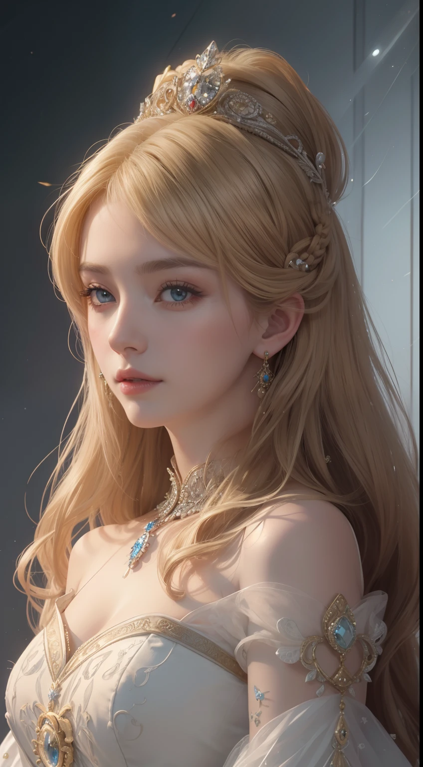 tmasterpiece，Highest image quality，Beautiful bust of a royal lady，Delicate blonde hairstyle，Embellished with a dazzling array of intricate jewelry，super detailing，upscaled。