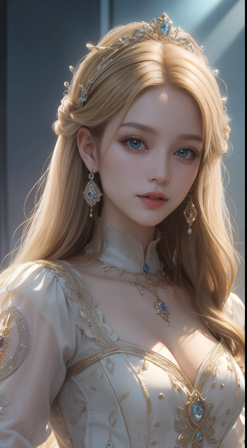 tmasterpiece，The highest image quality，Beautiful bust of a royal woman，delicate blonde hairstyle，Adorned with dazzling, intricate jewels，Super detailing，Upscale。