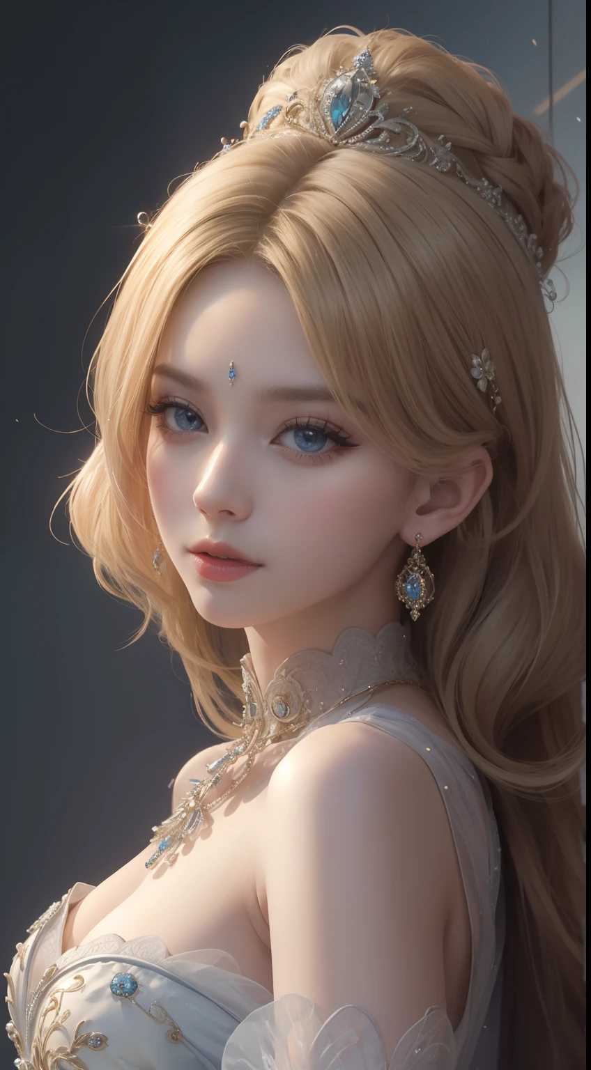 tmasterpiece，Highest image quality，Beautiful bust of a royal lady，Delicate blonde hairstyle，Embellished with a dazzling array of intricate jewelry，super detailing，upscaled。