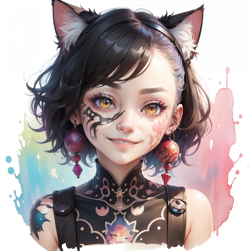 wtrcolor style, Digital Art (Humanoid cat character), Official art, front, Smile, masutepiece, Cute, ((watercolor paiting)), face painting, Ink splash, Intricate details. Very detailed eyes, [drip:0.5], Trending in art stations, Rachel Walker