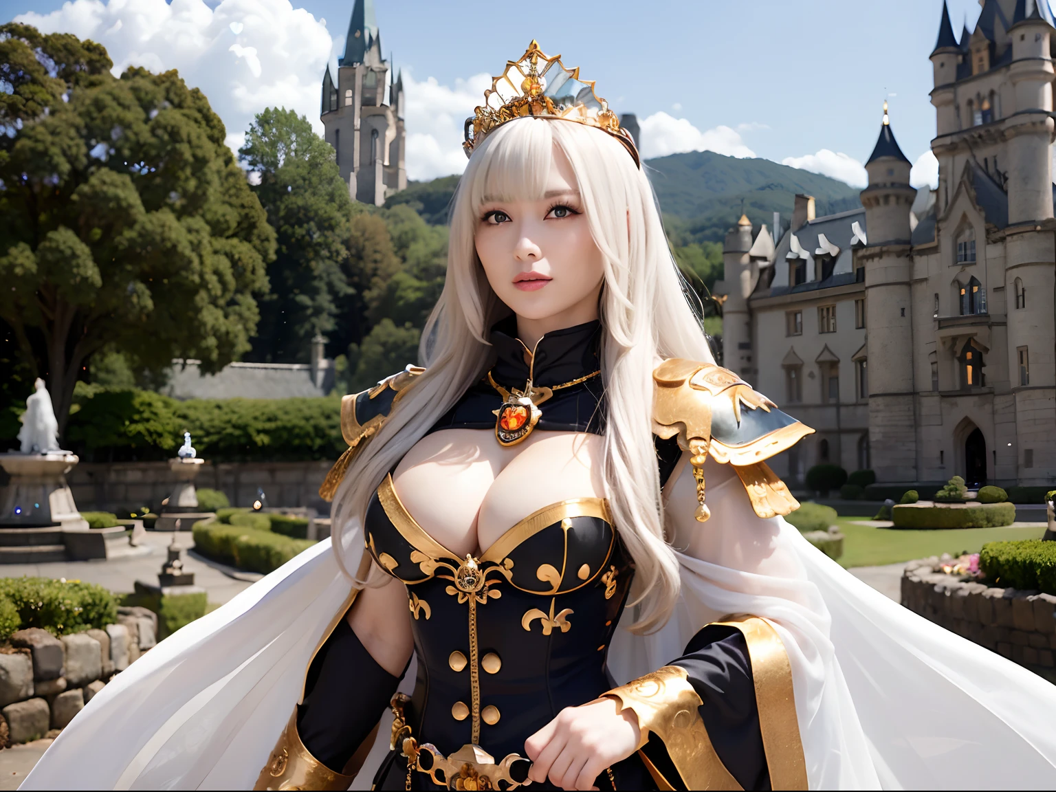 (masutepiece), Professional , ​masterpiece、top-quality、photos realistic , depth of fields （Gemstone Silver Metal Body:1.９),(Matte White、Jewel Gold Weapon、（Gorgeous castle background）、（ultimate beauty girl）、（Jewel Metal Body:1.４),Gorgeous Jewel Metal Weapons , Detailed Sword of the Brave ,（ Soldier background in metal armor）   ,warhammer 40k , adepta sororitas,Detail and ornate jewel crown、独奏、Black hair、（Gangle's forest background）、Beautiful Caucasian beauty、１a person、dynamic ungle,(((Diamond tiara with detail and luxury)))、a small face、A smile、Powerful poses、（Gorgeous castle background）、huge filesize、20 year old beautiful woman、Stand in the center of the screen、Thin female fingers、Straight long hair、Beautiful Caucasian beauty、Whole body、