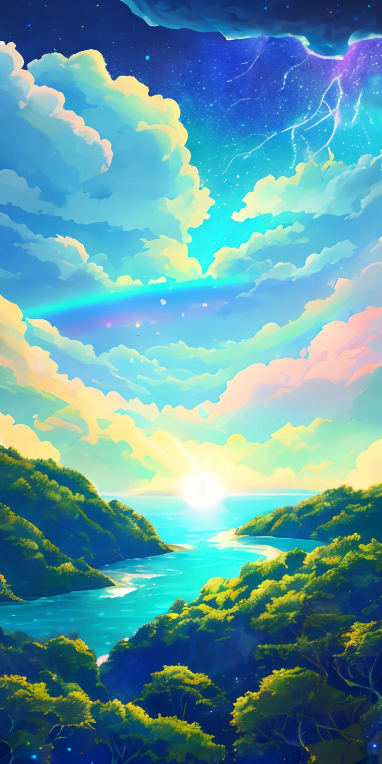 A surrealist one、Otherworldly、Illustration of the super sky scene,Including a huge tree all over、Very detailed and magical lighting、Intricate forest details、Vegetation and surrounding rivers、Solar punk、scenecy、giant tree、Beautiful green leaves、Beautiful lighting and realistic proportions,As if it were a movie backdrop,8k,HighestQuali,tmasterpiece,Clouds and stars in the sky,Floating starry whales,Look around,This is a colored planet,Although it does not gradually change as regularly as a rainbow,But still very beautiful,Each area has its own color,The junction of each area is a gradient color that does not violate the rules,There are even islands suspended above the atmosphere。