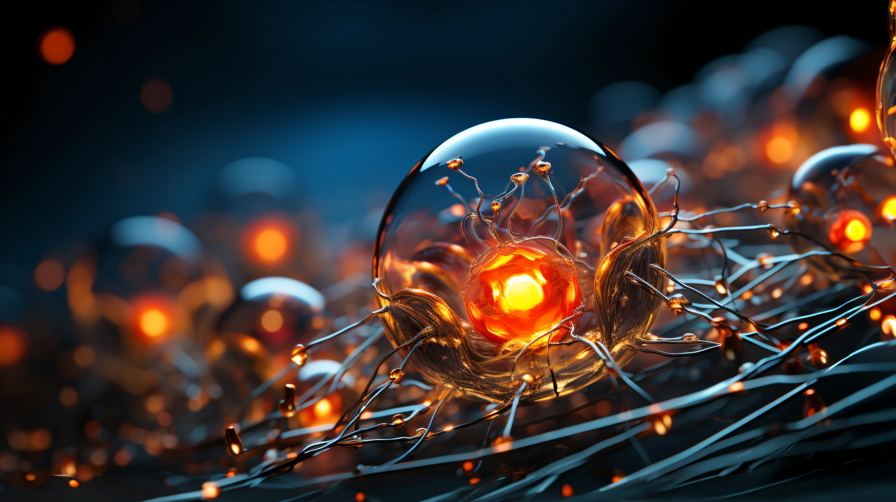 Hay una bola de vidrio con una luz brillante en su interior, neuronaas disparando, Arte renderizado, Neuronas y sinapsis, Ilustraciones intrincadas. Renderizado de octanaje, Representado como un renderizado 3D, Rendered illustration, Sinapsis de disparo, neurona, Cinema 4D Bright Light Render, renderizado en renderizado de octano, nerve cells, neural, 3D Fluid Simulation Rendering, Render de arte