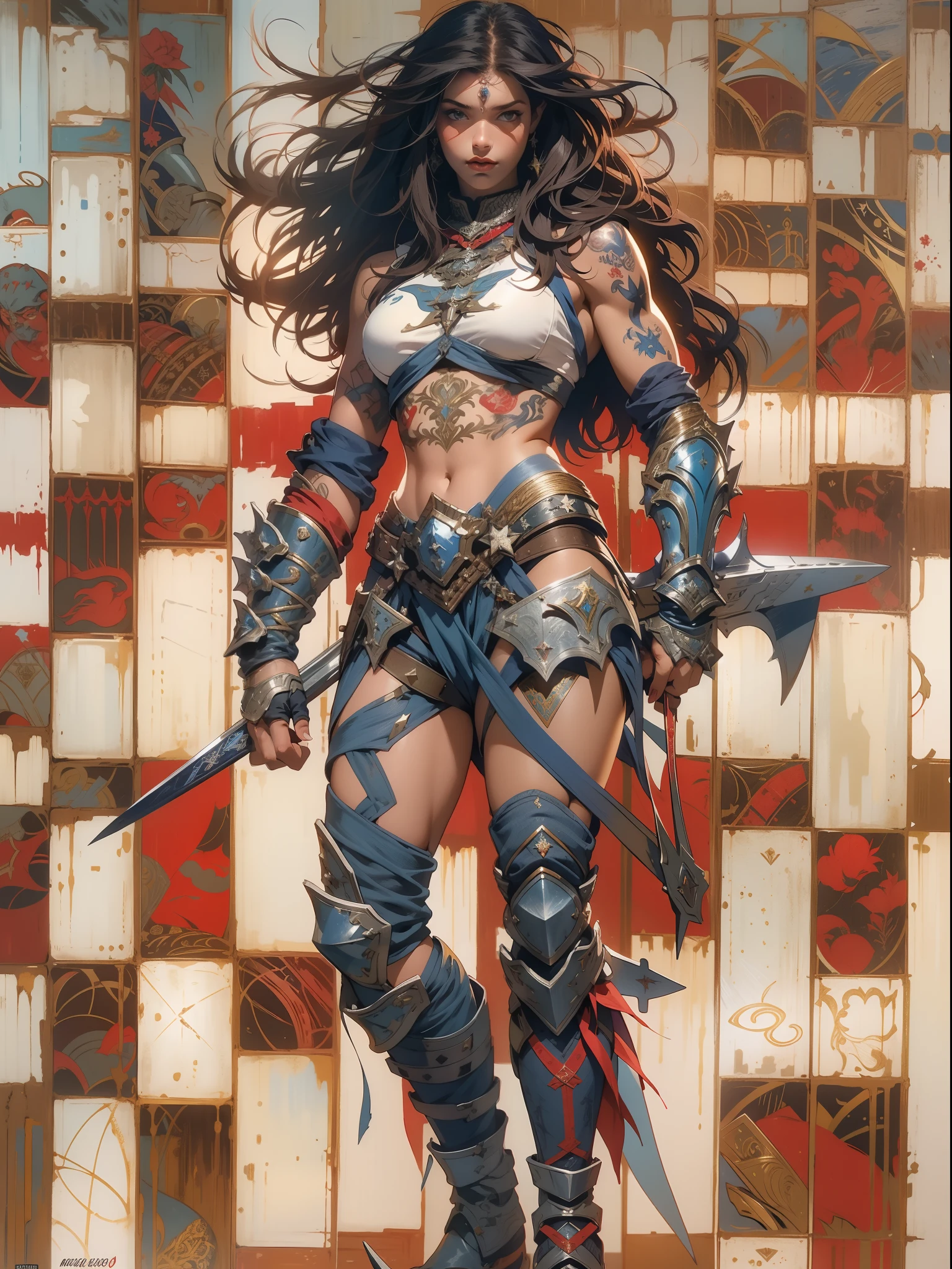 (((mulher))), (((melhor qualidade))), (((obra prima))), (((adulta))), Uma guerreira mulher de 35 anos com corpo perfeito, Brooklyn Gladiators, (( under boobs )), quase nua no estilo selvagem urbano de Simon Bisley para a capa da revista Heavy Metal, cabelo loiro, Minimum clothing, red and white checkered pattern, armadura, cheio de pontas e rebites, tatuagem tribal, (((do joelho pra cima))), cabelo desalinhado