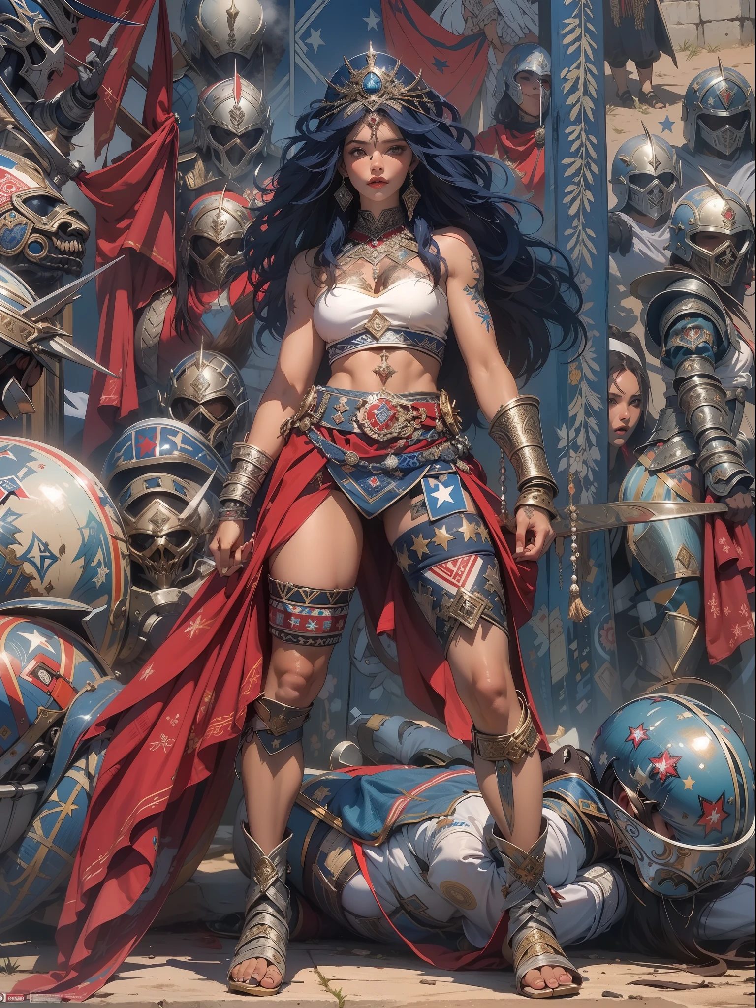 (((mulher))), (((melhor qualidade))), (((obra prima))), (((adulto))), Uma guerreira mulher de 35 anos com corpo perfeito, Gladiadores do Brooklyn, (( sob os peitos )), quase nua no estilo selvagem urbano de Simon Bisley para a capa da revista Heavy Metal, cabelo loiro, Minimum clothing, Dark blue with white stars and red and white checkerboard pattern, armadura, cheio de pontas e rebites, tatuagem tribal, (((do joelho pra cima))), cabelo desalinhado