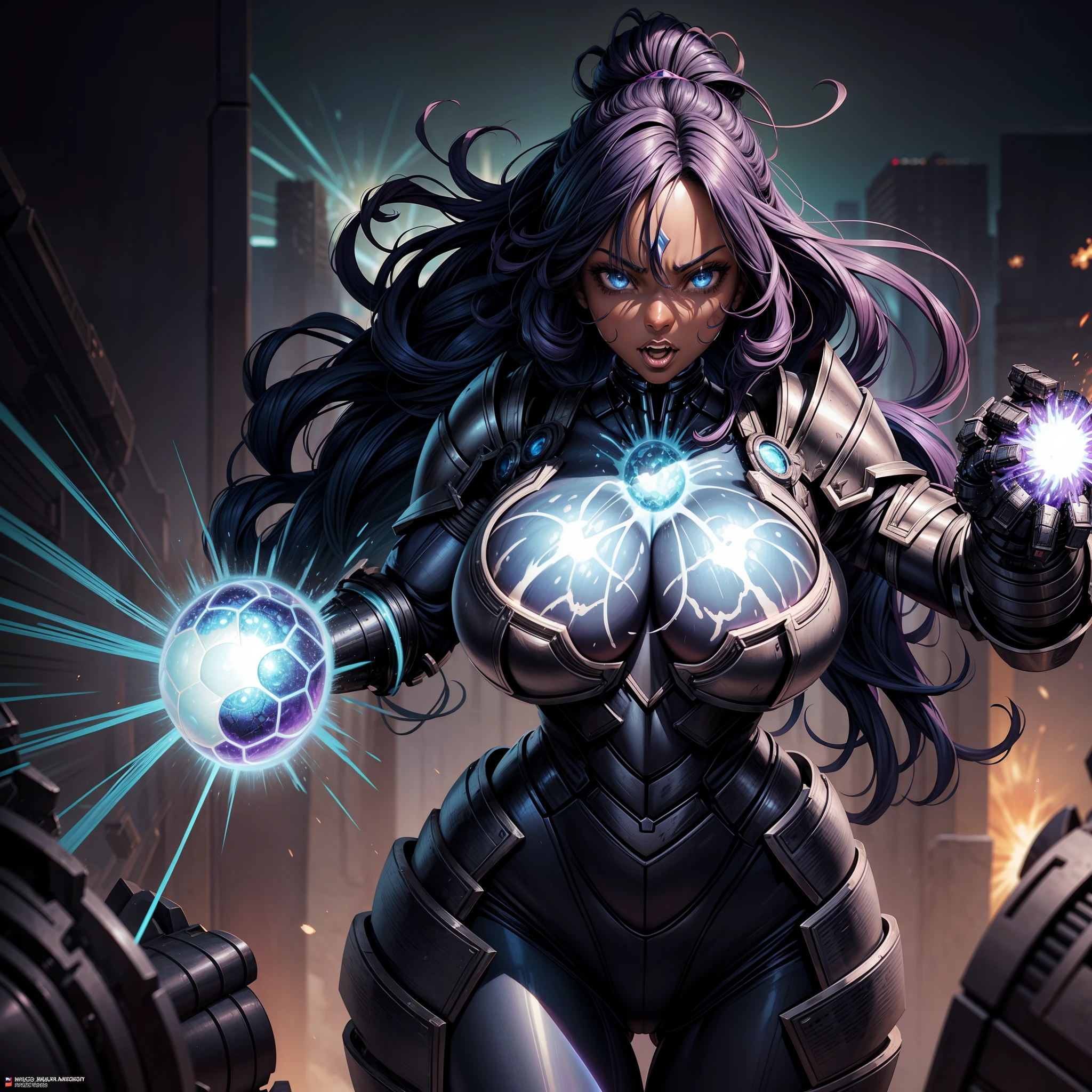 [1 Black Female, Curly Hair, African Ethnicity, Standout Light Blue Eyes],Marvel's Psylocke (sexy, big boobs) photo, neon lights effect,(((magic exploding through armor))), biomechanics, complex robot, full growth, hyperrealistic, insane small details, extremely clean lines, cyberpunk aesthetic, masterpiece featured on Zbrush Central,Juju