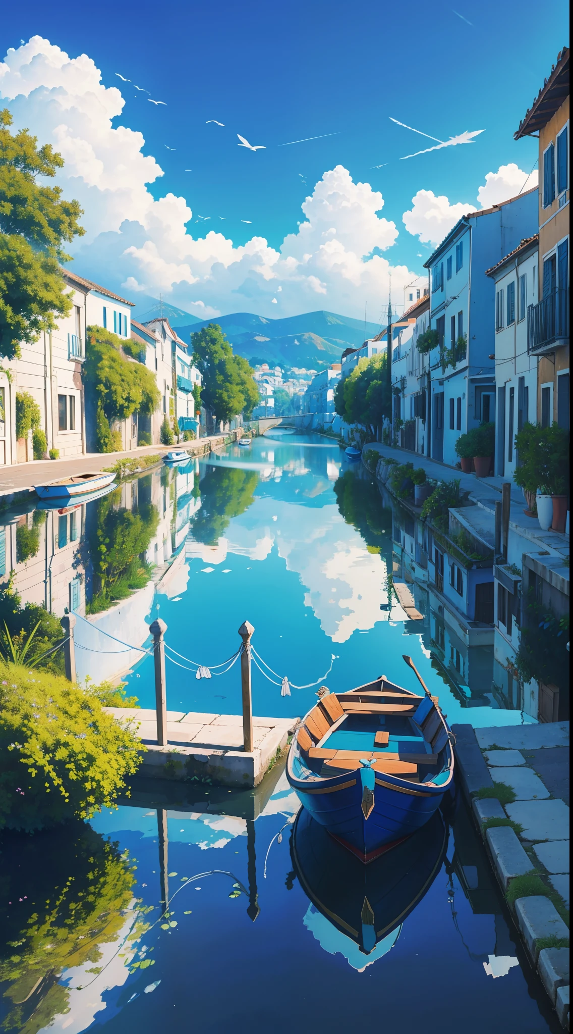 The image shows a beautiful landscape on a canal in Greece. To the right and left of the channel, There are several houses with the classic white and blue design characteristic of Greek architecture. The houses are picturesque, com janelas e portas de madeira pintadas de azul vibrante e detalhes em branco. The reflection of the houses is mirrored in the calm waters of the canal, criando uma atmosfera serena e encantadora. Small boats are sailing through the canal, Adding a touch of life and movement to the scene. The sky is clear and sunny, com algumas nuvens brancas dispersas. The artistic medium is digital illustration, com foco na captura da beleza e autenticidade da paisagem grega.