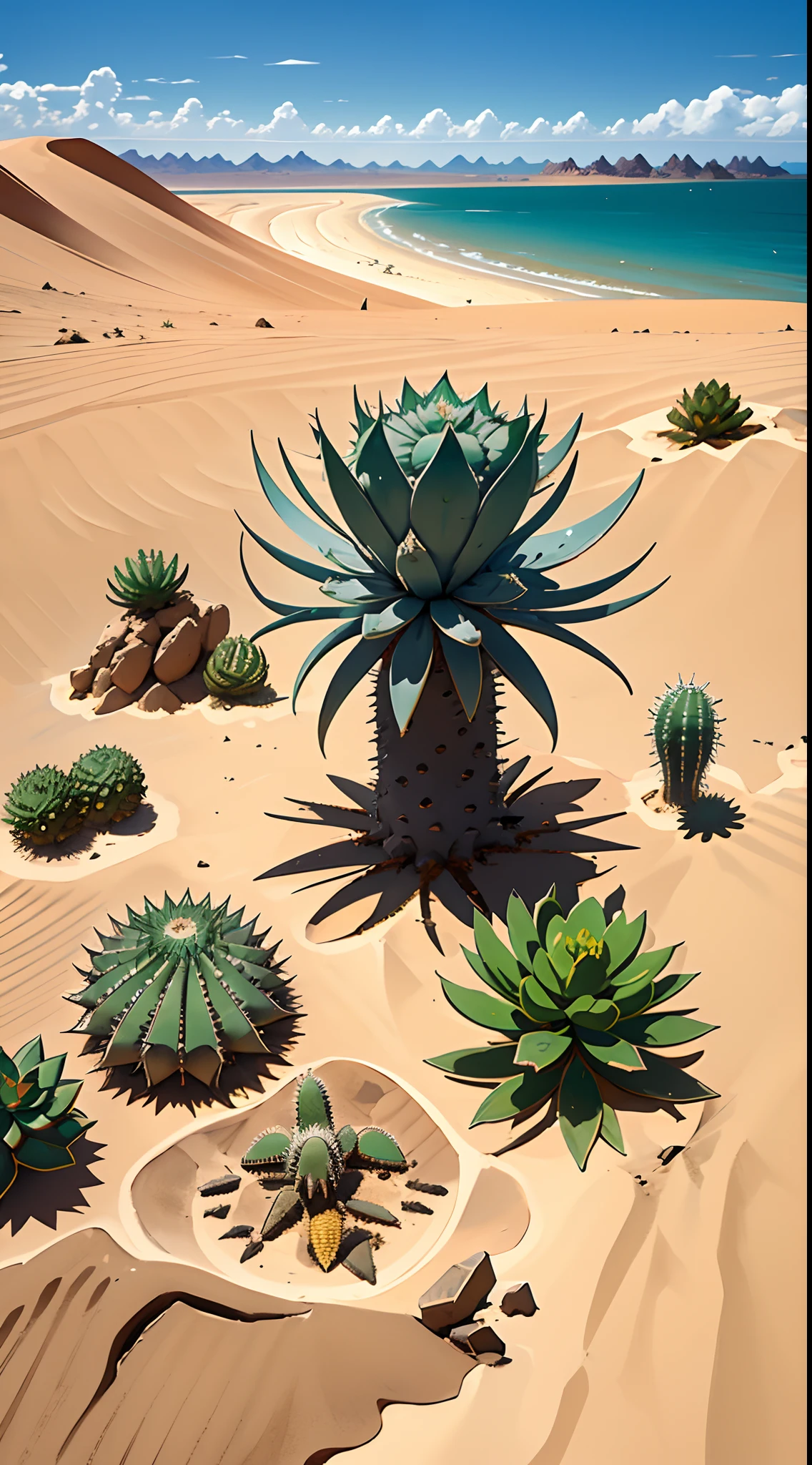 A daytime landscape of an arid desert, coberto por dunas de areia fina e clara. The sky is blue and cloudless, e o sol brilha forte no horizonte. The temperature is high and the air is dry. Pouca vida se encontra nesse ambiente hostil, just a few spiny cacti and some reptiles and insects that have adapted to the extreme conditions. O vento sopra constantemente, moldando as formas das dunas.