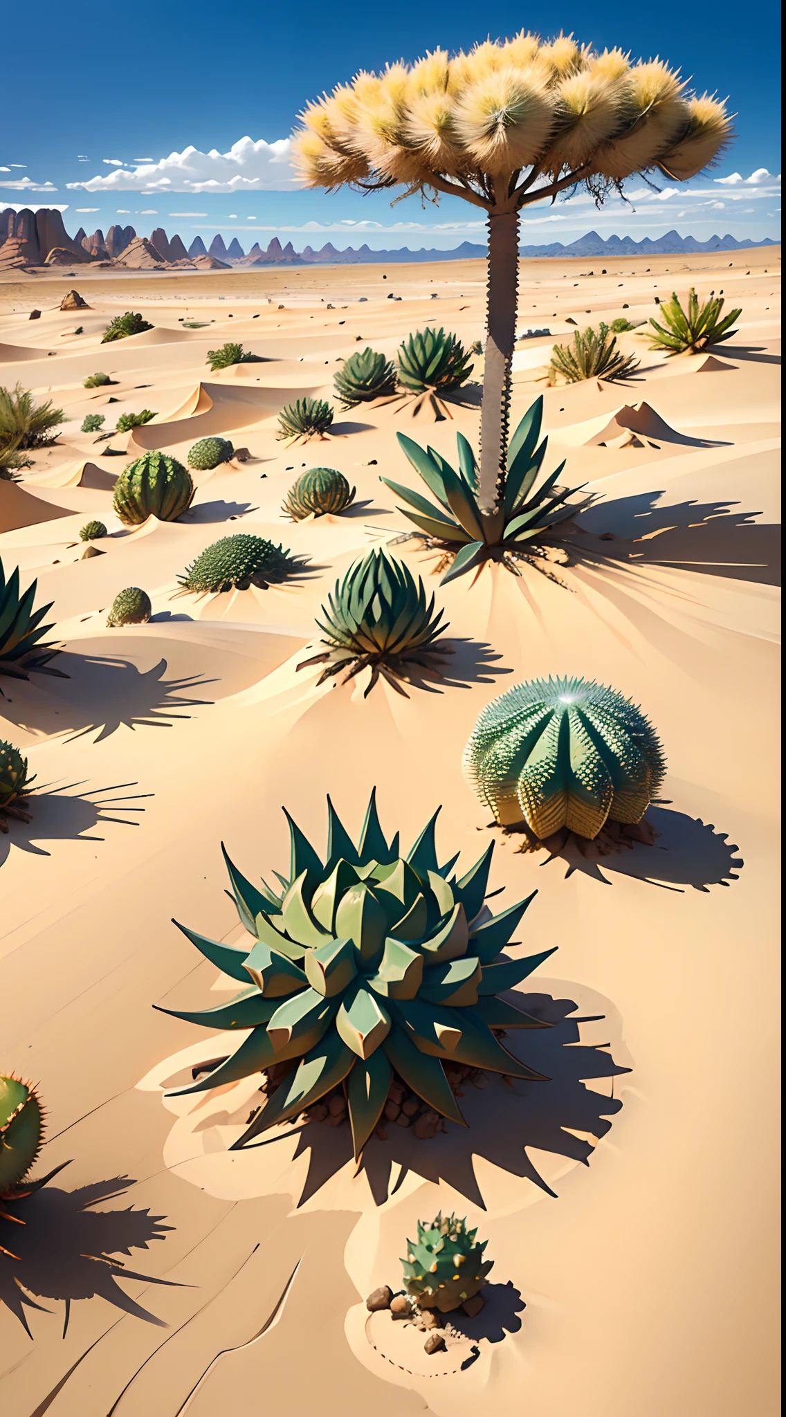 A daytime landscape of an arid desert, coberto por dunas de areia fina e clara. The sky is blue and cloudless, e o sol brilha forte no horizonte. The temperature is high and the air is dry. Pouca vida se encontra nesse ambiente hostil, just a few spiny cacti and some reptiles and insects that have adapted to the extreme conditions. O vento sopra constantemente, moldando as formas das dunas.