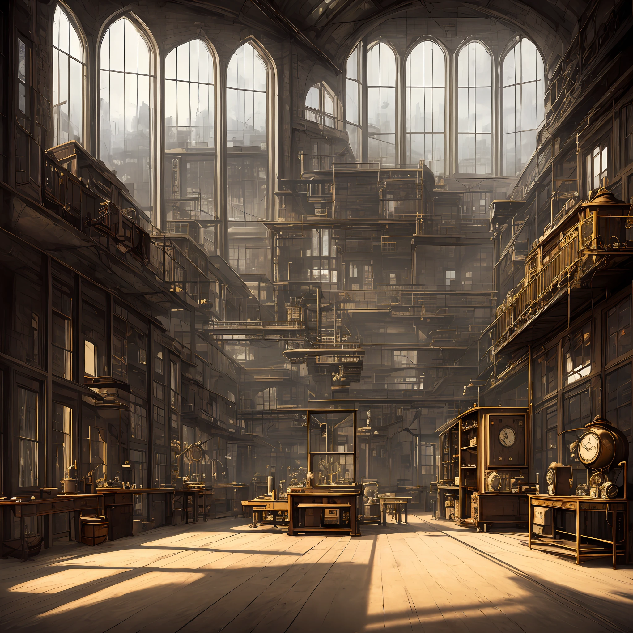 there is a large room with a lot of windows and a clock, a detailed matte painting inspired by Jules Chéret, cgsociety contest winner, process art, steampunk factory background, in a steampunk laboratory, highly detailed matte painting, factory background, steampunk digital art, mysterious laboratory, matte painting of steam machines, atelier olschinsky, in a workshop