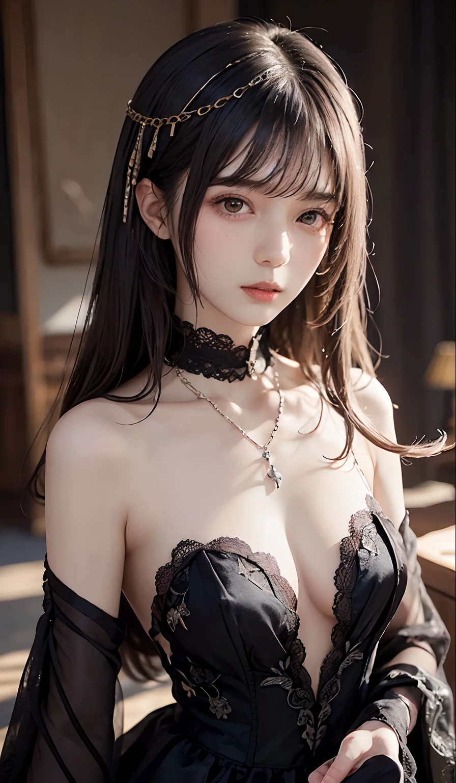 ((top-quality、masterpiece:1.3))、sharp:1.2、Perfect Body Beauty:1.1)、Highly detailed facial and skin texture、Detailed eye、Fantasia、(Pure black dress:1.3)、(chains:1.3)、二重まぶた、((Longhaire:1.5))、(dark brown hair)、(well-groomed bangs:1.2)、((One Woman))、fantasy castle、tying hair、Black Princess、darkened room、Darkness Falls、The Princess Who Turned Evil、Fallen into evil、Evil Princess、a necklace、Luxurious ornaments、