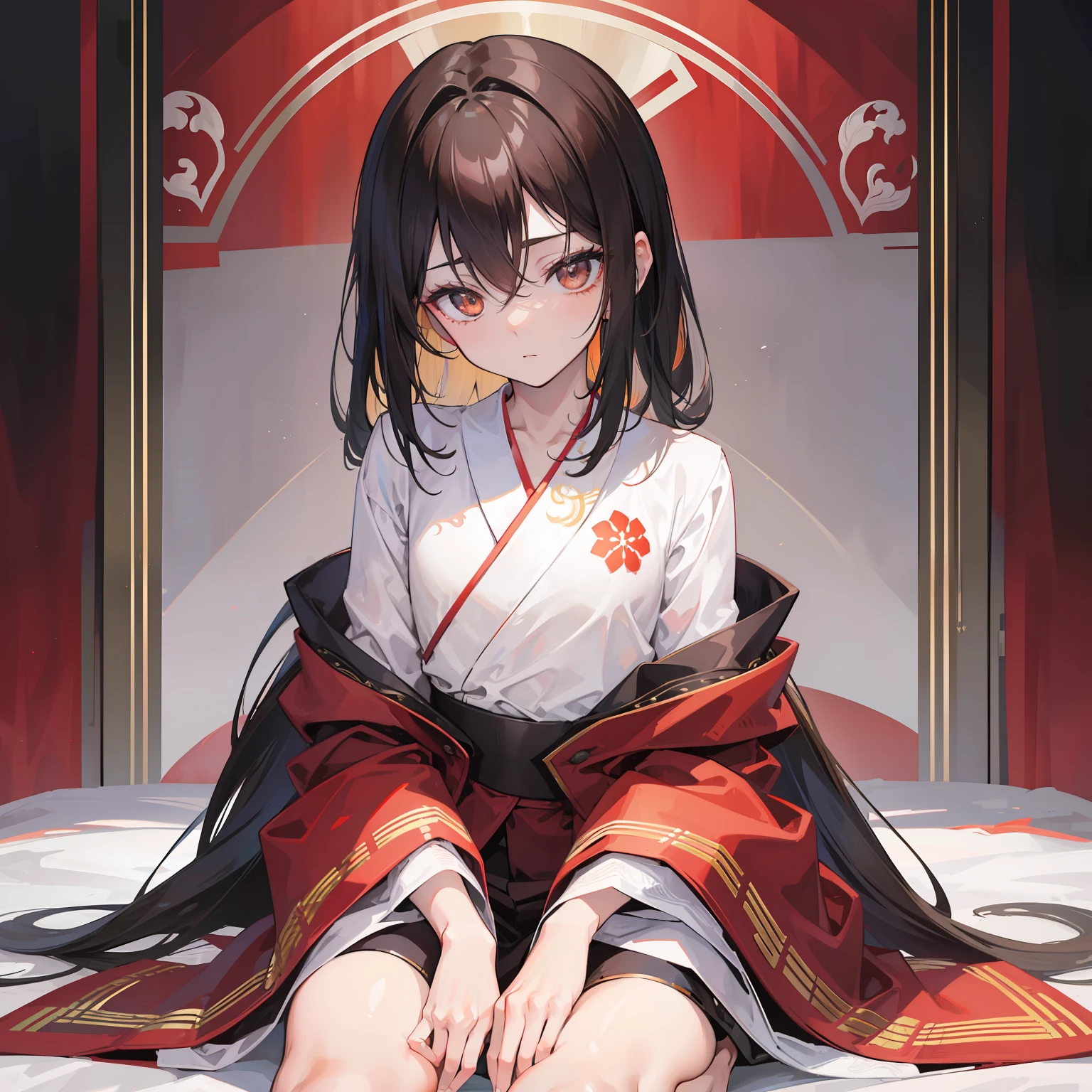 Kizi,cabelos preto e longos,Brown pupils,Gorgeous white kimono,sitting on his knees on the bed,Expose chest and shoulders,facing to audience,is shy,Be red in the face,perfect hand,nice hand,rich details,Need,perfectquality