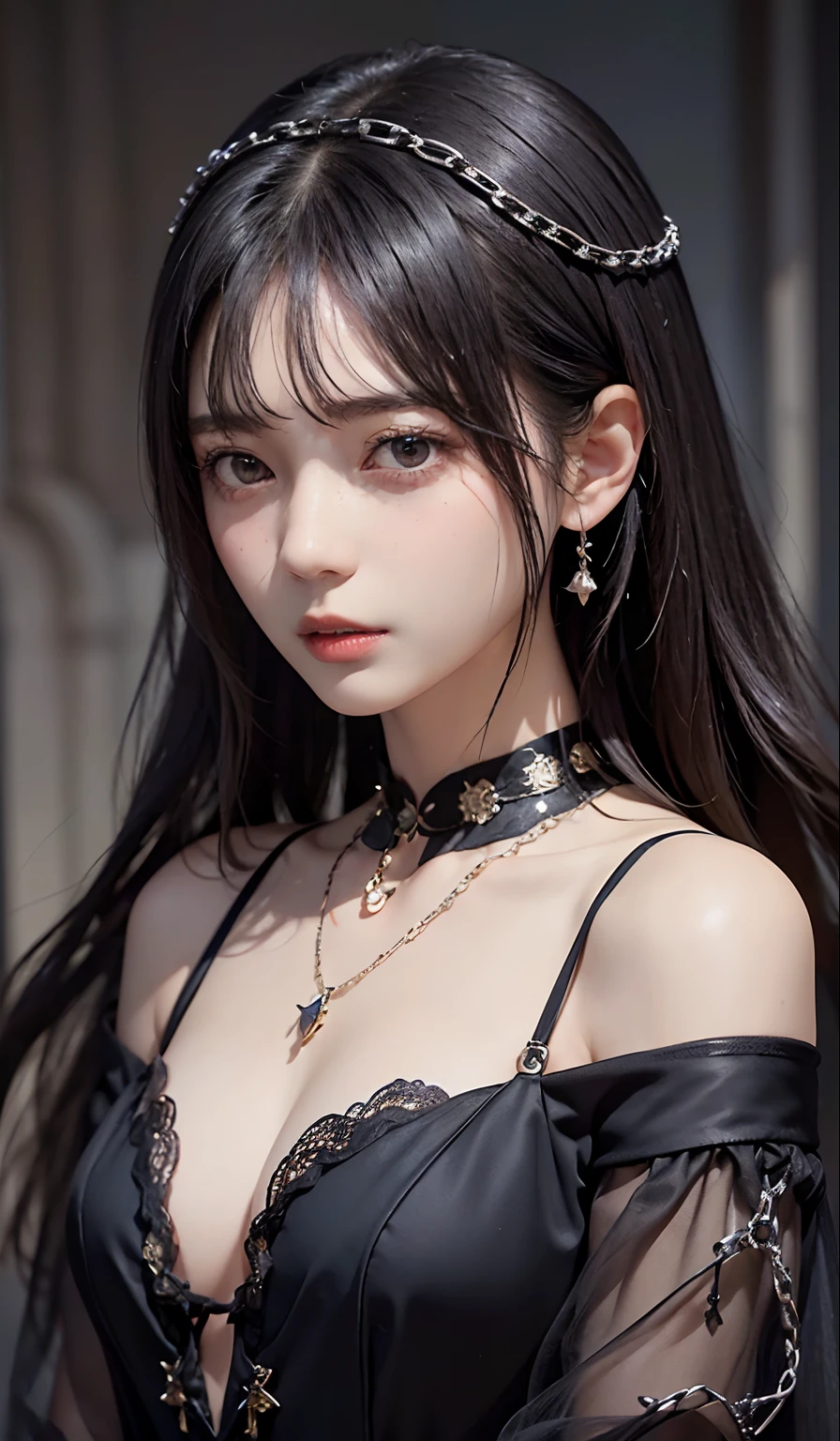 ((top-quality、​masterpiece:1.3))、sharp:1.2、Perfect Body Beauty:1.1)、Highly detailed facial and skin texture、Detailed eye、Fantasia、(Pure black dress:1.3)、(chains:1.3)、二重まぶた、((Longhaire:1.5))、(dark brown  hair)、(well-groomed bangs:1.2)、((One Woman))、fantasy castle、tying  hair、Black Princess、darkened room、Darkness Falls、The Princess Who Turned Evil、Fallen into evil、Evil Princess、a necklace、Luxurious ornaments、