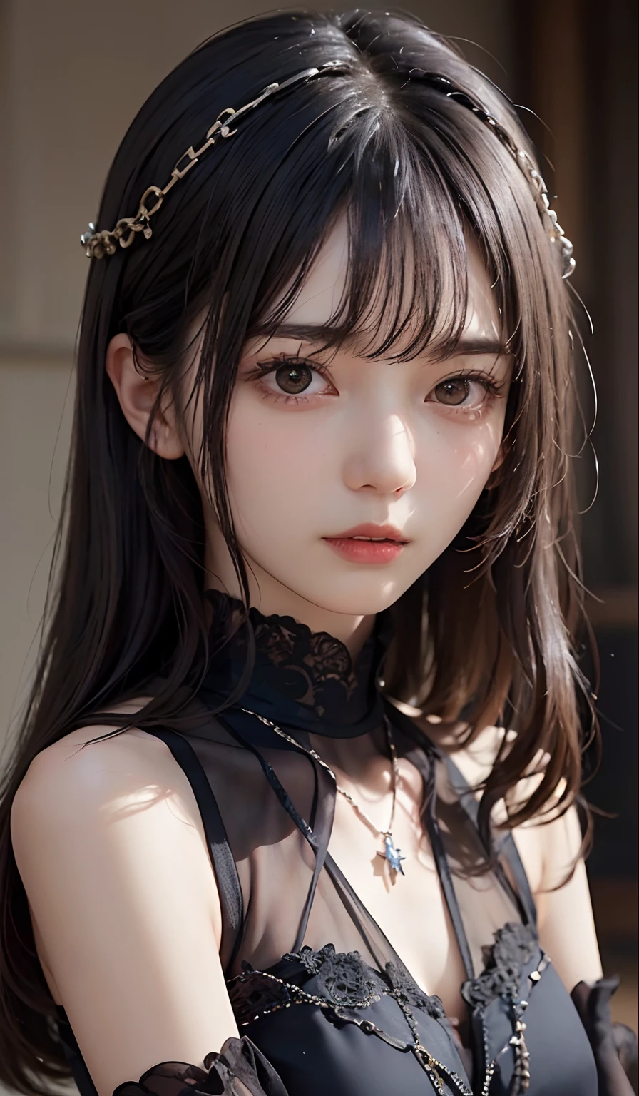 ((top-quality、​masterpiece:1.3))、sharp:1.2、Perfect Body Beauty:1.1)、Highly detailed facial and skin texture、Detailed eye、Fantasia、(Pure black dress:1.3)、(chains:1.3)、二重まぶた、((Longhaire:1.5))、(dark brown  hair)、(well-groomed bangs:1.2)、((One Woman))、fantasy castle、tying  hair、Black Princess、darkened room、Darkness Falls、The Princess Who Turned Evil、Fallen into evil、Evil Princess、a necklace、Luxurious ornaments、