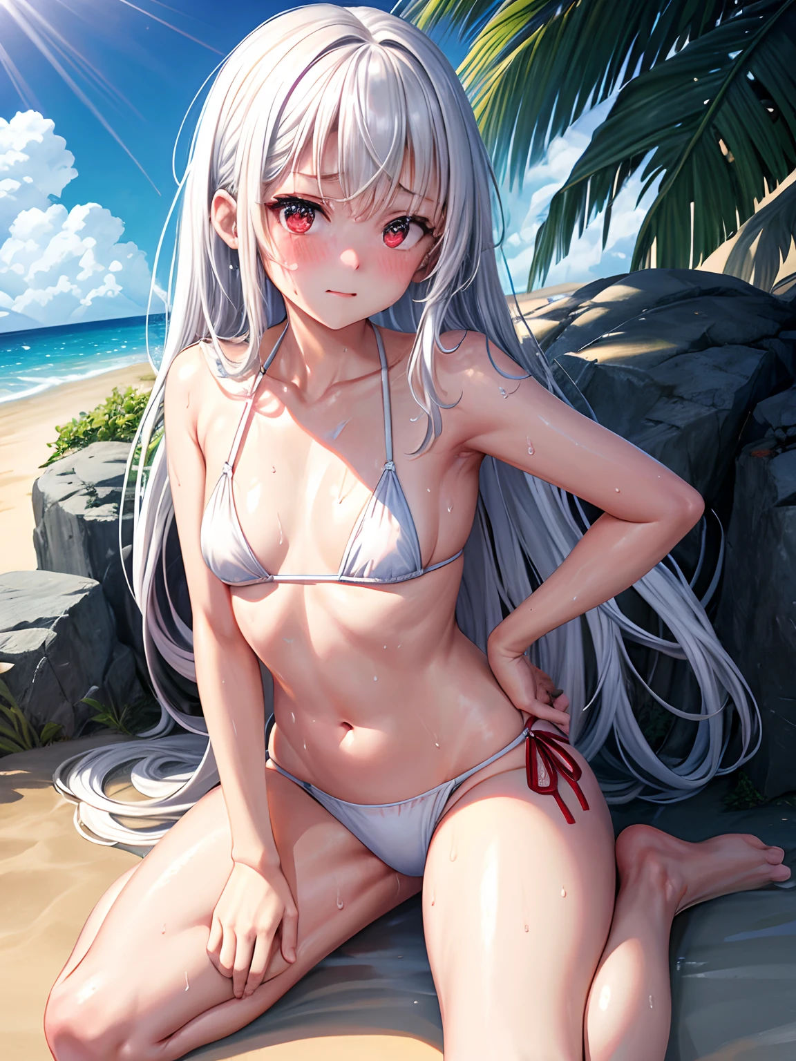 lighting like a movie、top-quality、Girl with an embarrassed face、Sit with your feet open on the beach、Glossy white little bikini、in 8K、White hair、red eyes、Small body、small tits、(thighs thighs thighs thighs:0.5)、full of sweat、maikurobikini、Eyes from below、Sweaty、