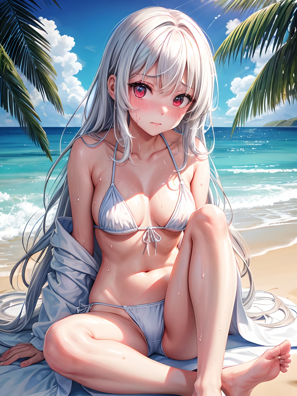 lighting like a movie、top-quality、Girl with an embarrassed face、Sit with your feet open on the beach、Glossy white little bikini、in 8K、White hair、red eyes、Small body、small tits、(thighs thighs thighs thighs:0.5)、full of sweat、maikurobikini、Eyes from below、Sweaty、