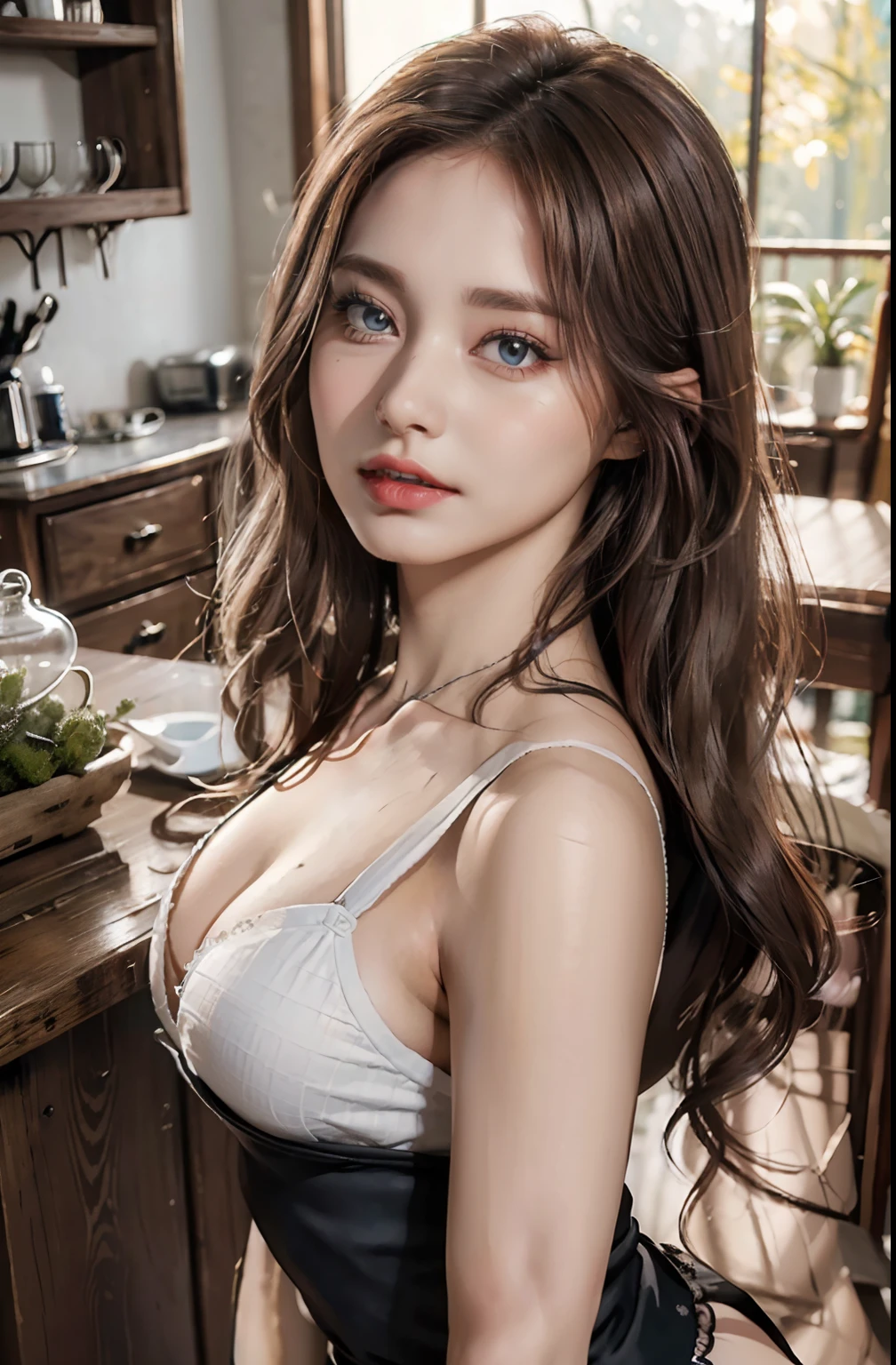 (hyperrealistic), (illustration), (high resolution), (8K), (extremely detailed), (best illustration), (beautiful detailed eyes), (best quality), (super detailed), (masterpiece), (wallpaper), (detailed face), solo, (dynamic pose), 1 girl, white wavy hair in the kitchen, korean, heterochromic eyes, small moles under the eyes, ((apron)), big breasts, long legs, tightens abs, (camel toes), (black stockings), (no panties), (no bra)